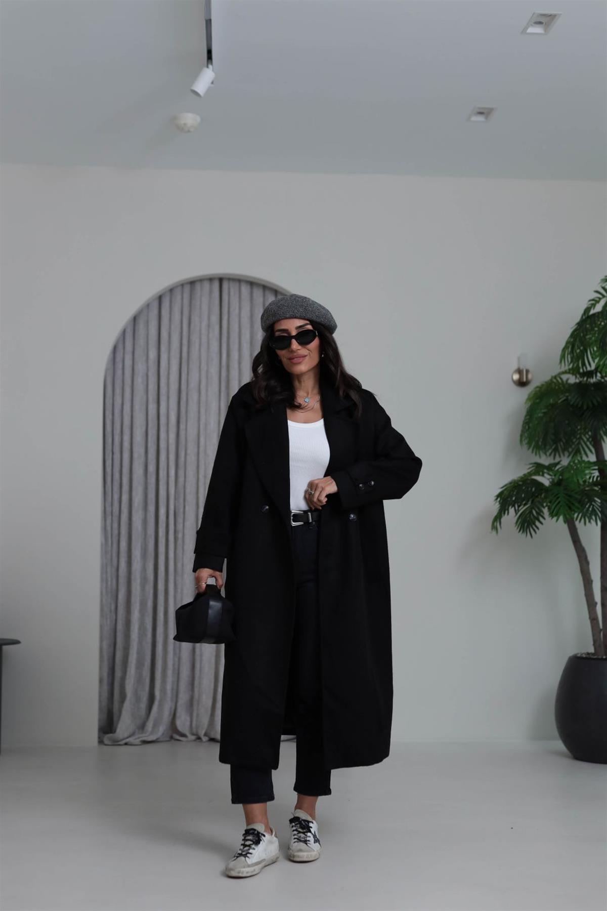 9516 Kruvaze Yaka Kaşe Kaban SİYAH