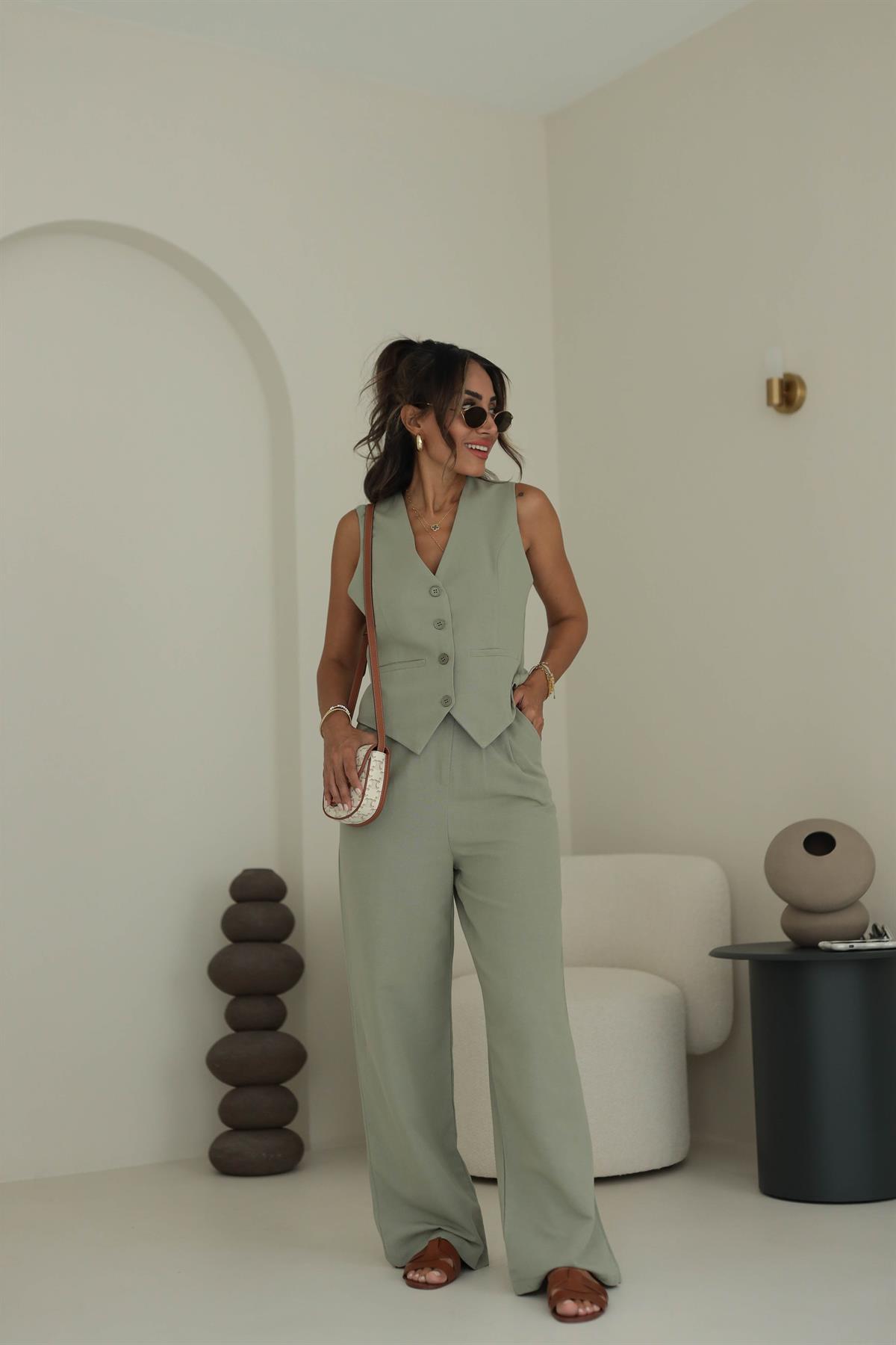9257 Keten Yelek Pantolon Takım HAKİ YEŞİL