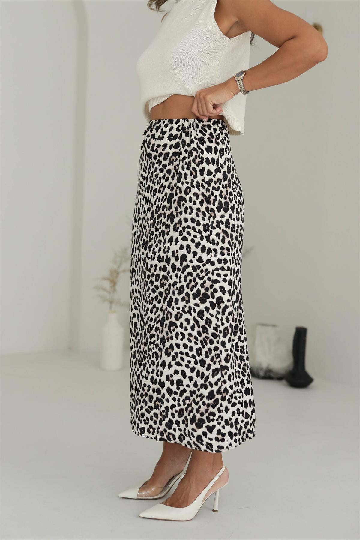 6362 Bel Lastikli Leopar Desen Saten Etek