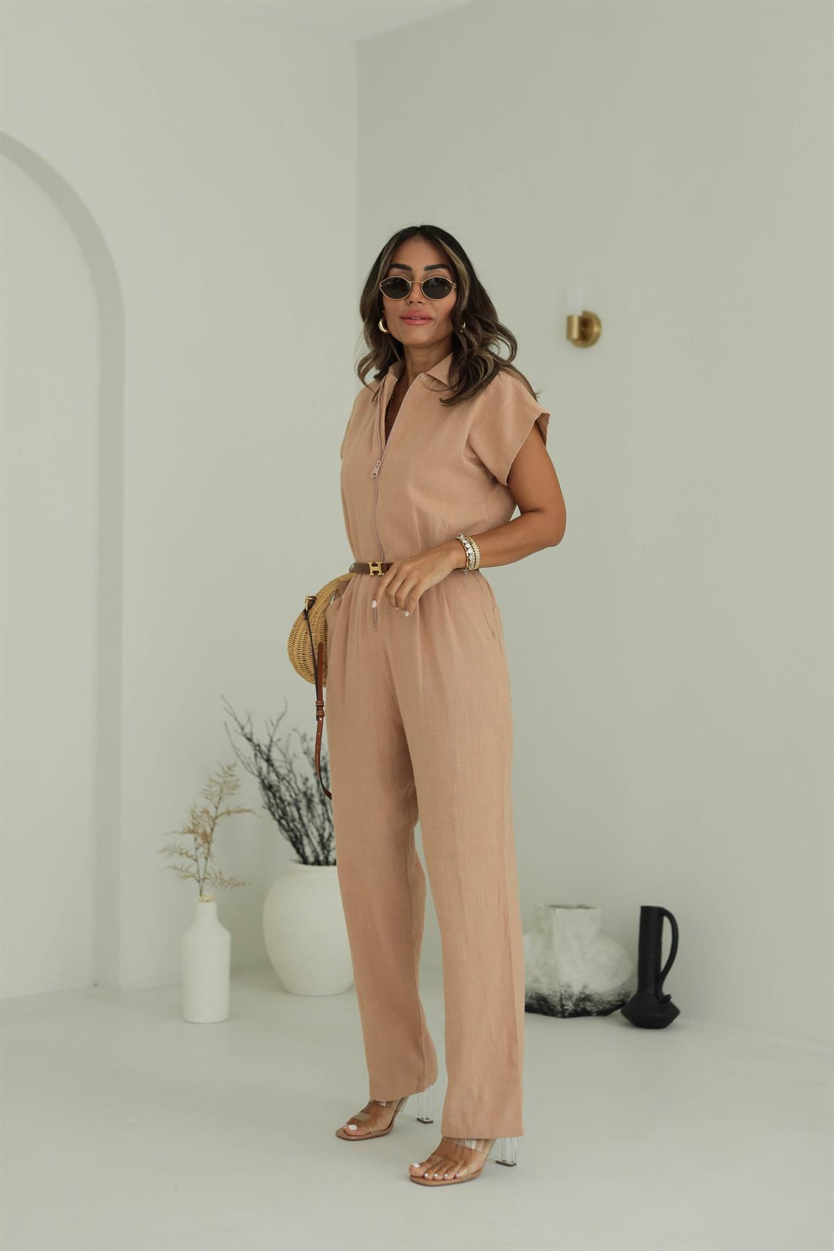 1310 Önden Fermuarlı Keten Tulum