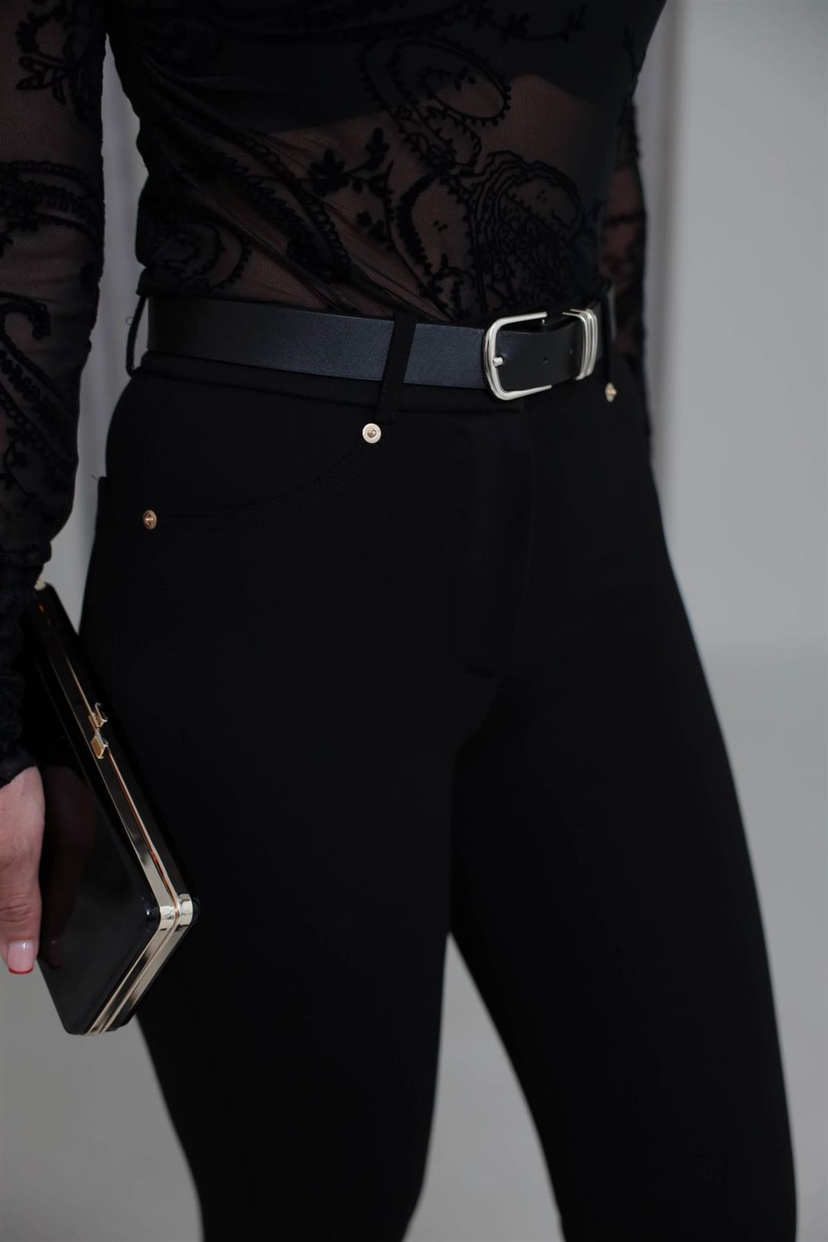 7004 Kemerli Çelik Tayt Pantolon SİYAH