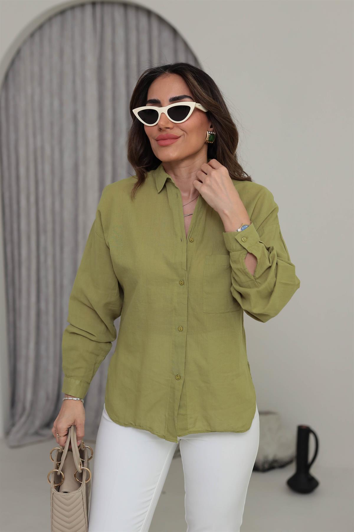 4294 Cep Detaylı Pamuklu Dokulu Gömlek FISTIK YEŞİLİ