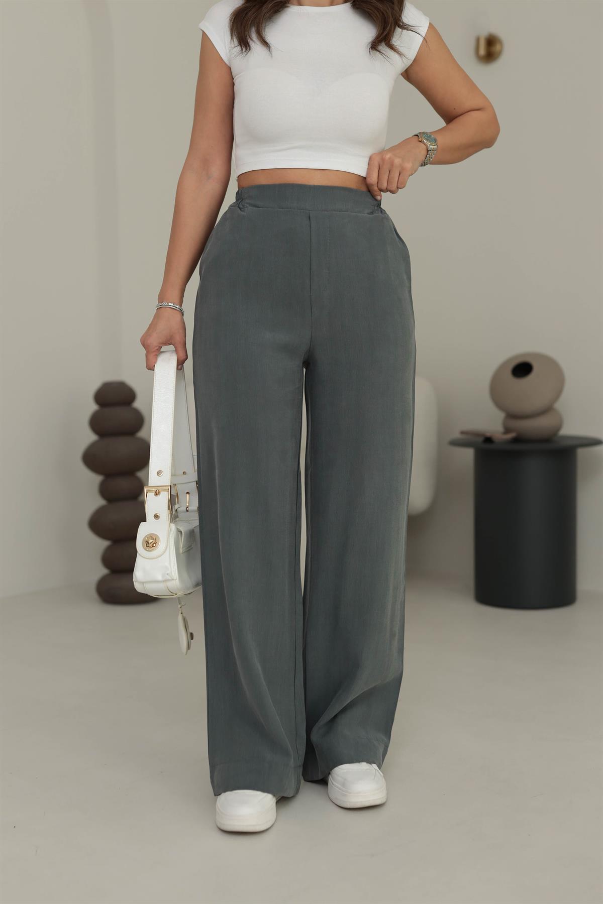7054 Arkası Bel Lastikli Tencel Pantolon HAKİ YEŞİL