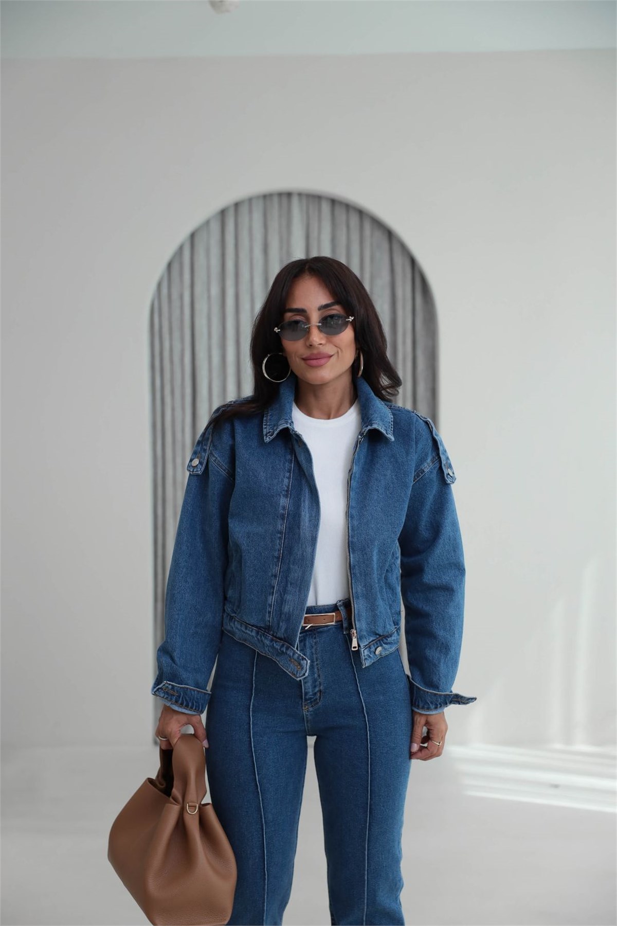 1129 Apoletli Denim Ceket MAVİ
