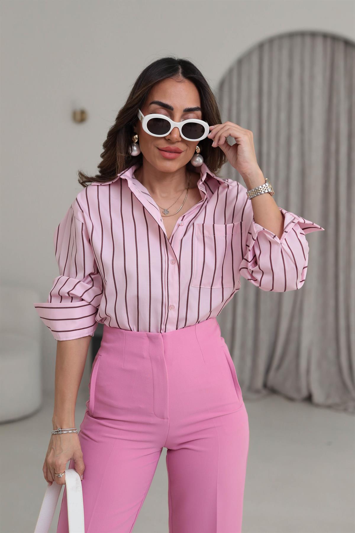 3142 Çizgili Cep Detaylı Poplin Gömlek PEMBE