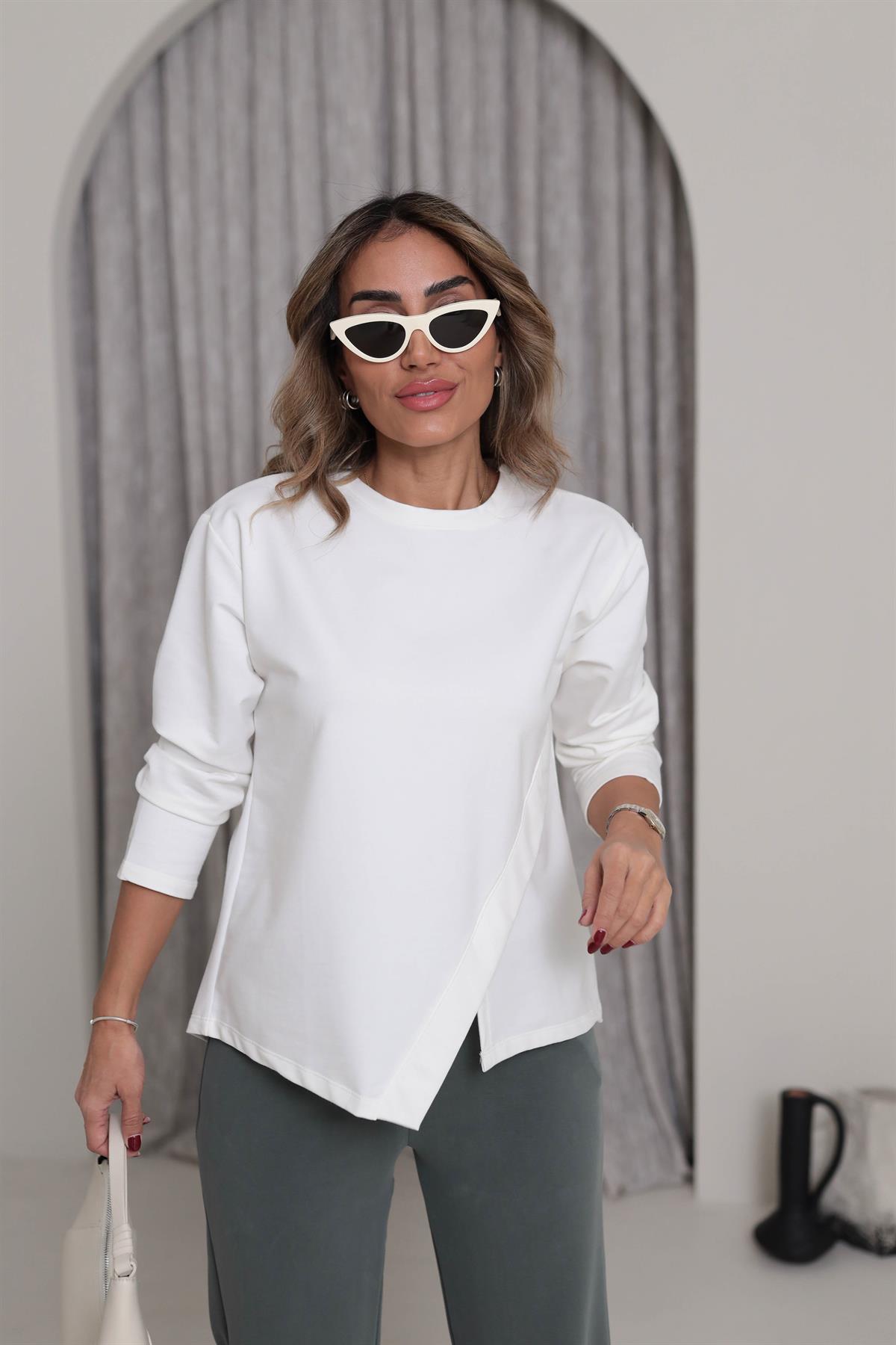 9076 Asimetrik Ön Dikiş Detaylı Sweatshirt EKRU