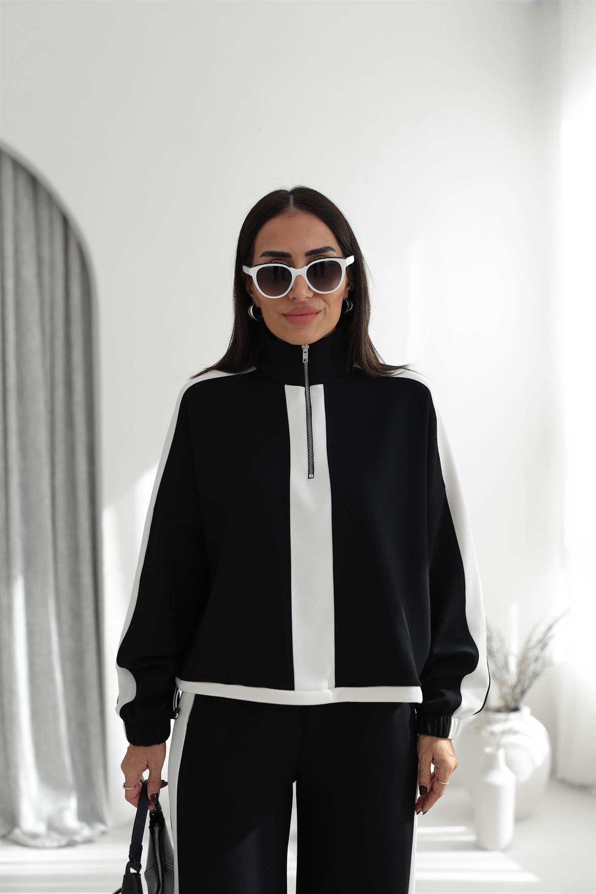 5704 Şerit Detaylı Modal Takım SİYAH