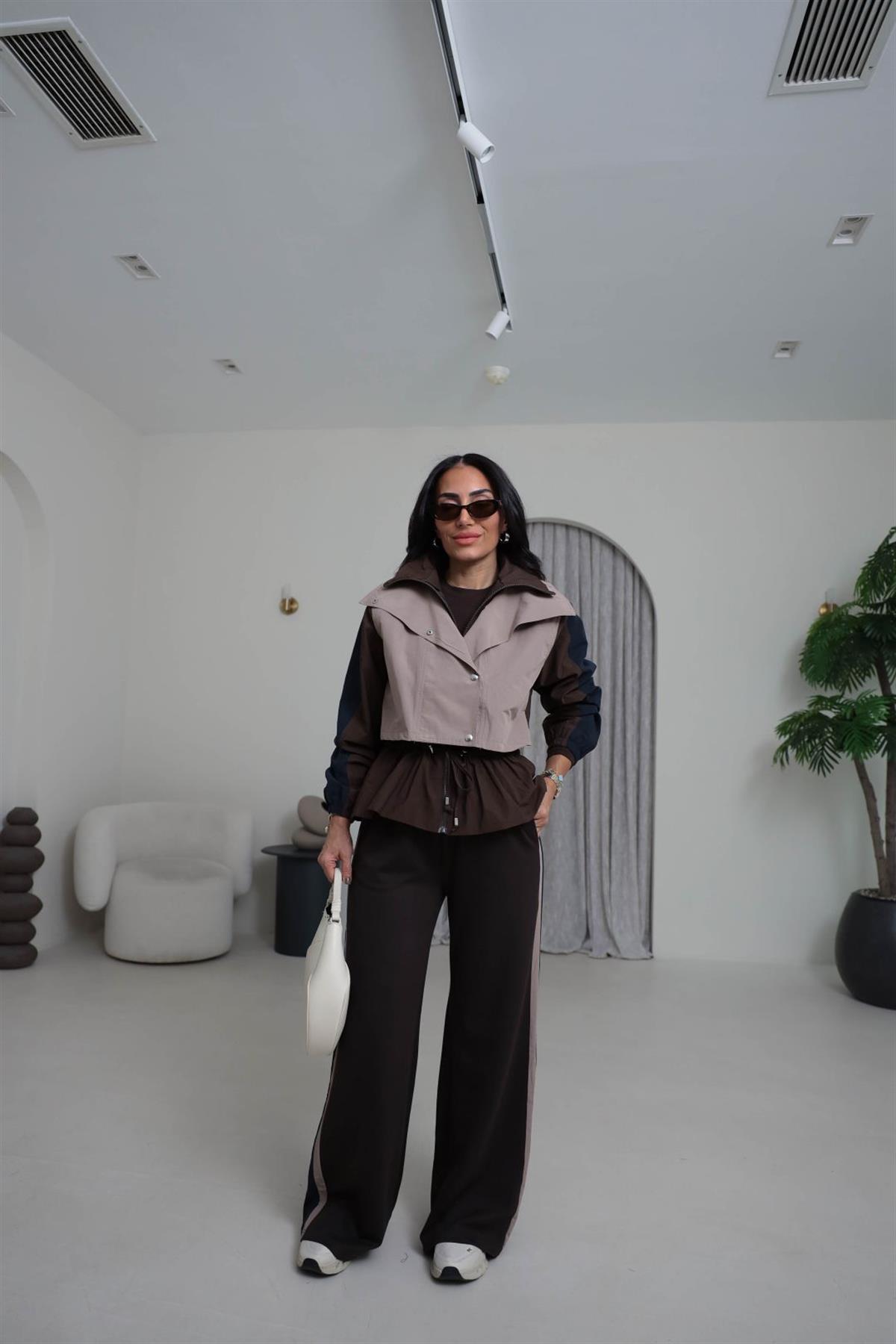 7063 Dik Yaka Çıtçıtlı Paraşüt Kumaş Eşofman Takımı KAHVE