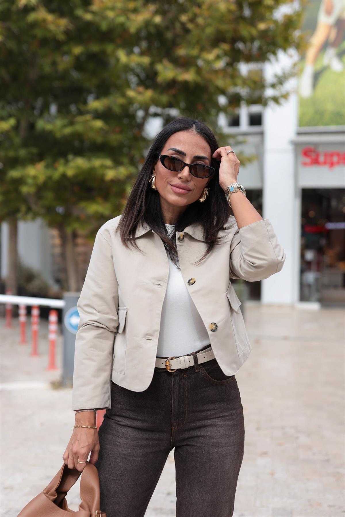 0163 Cep Kapaklı Kısa Trençkot Ceket TAŞ