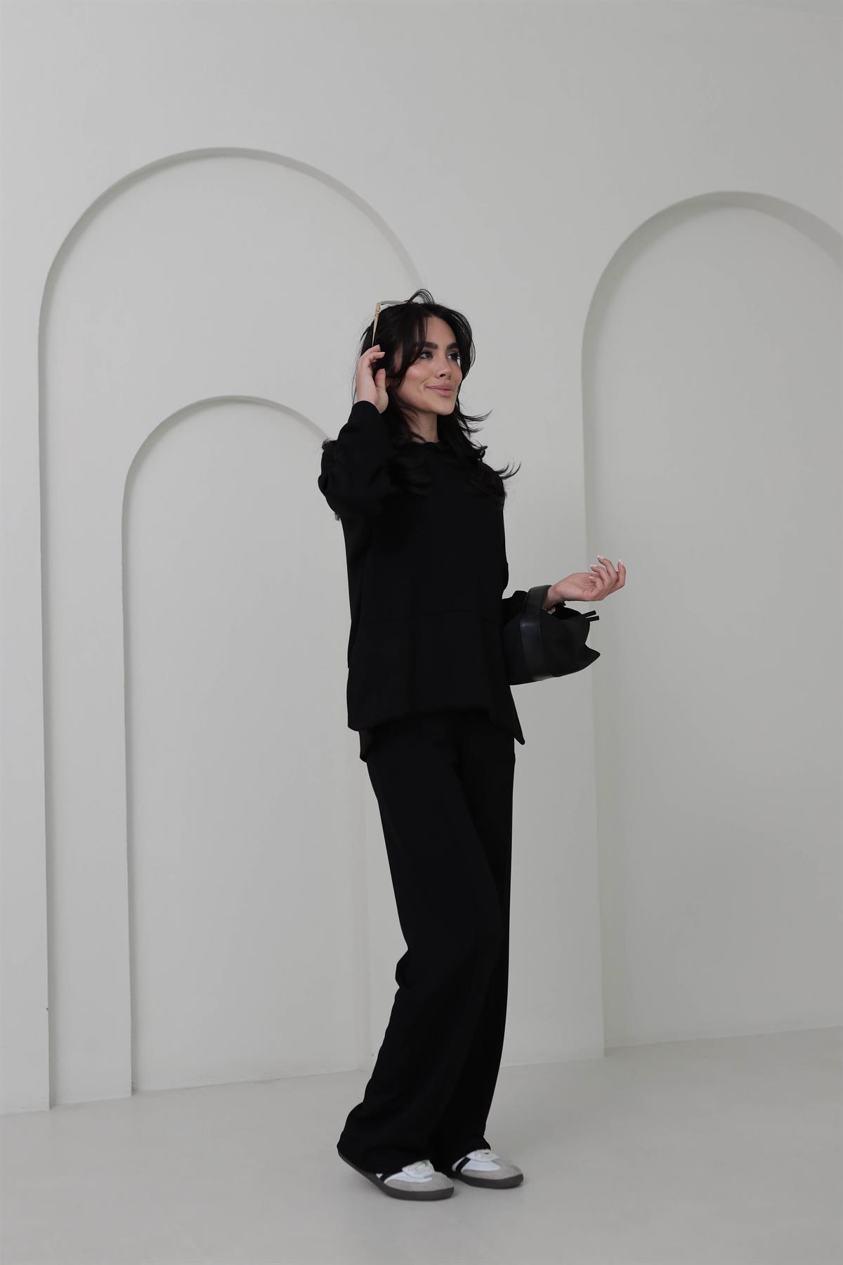 2130 Kapşonlu Uzun Kol Modal Penye Takım SİYAH