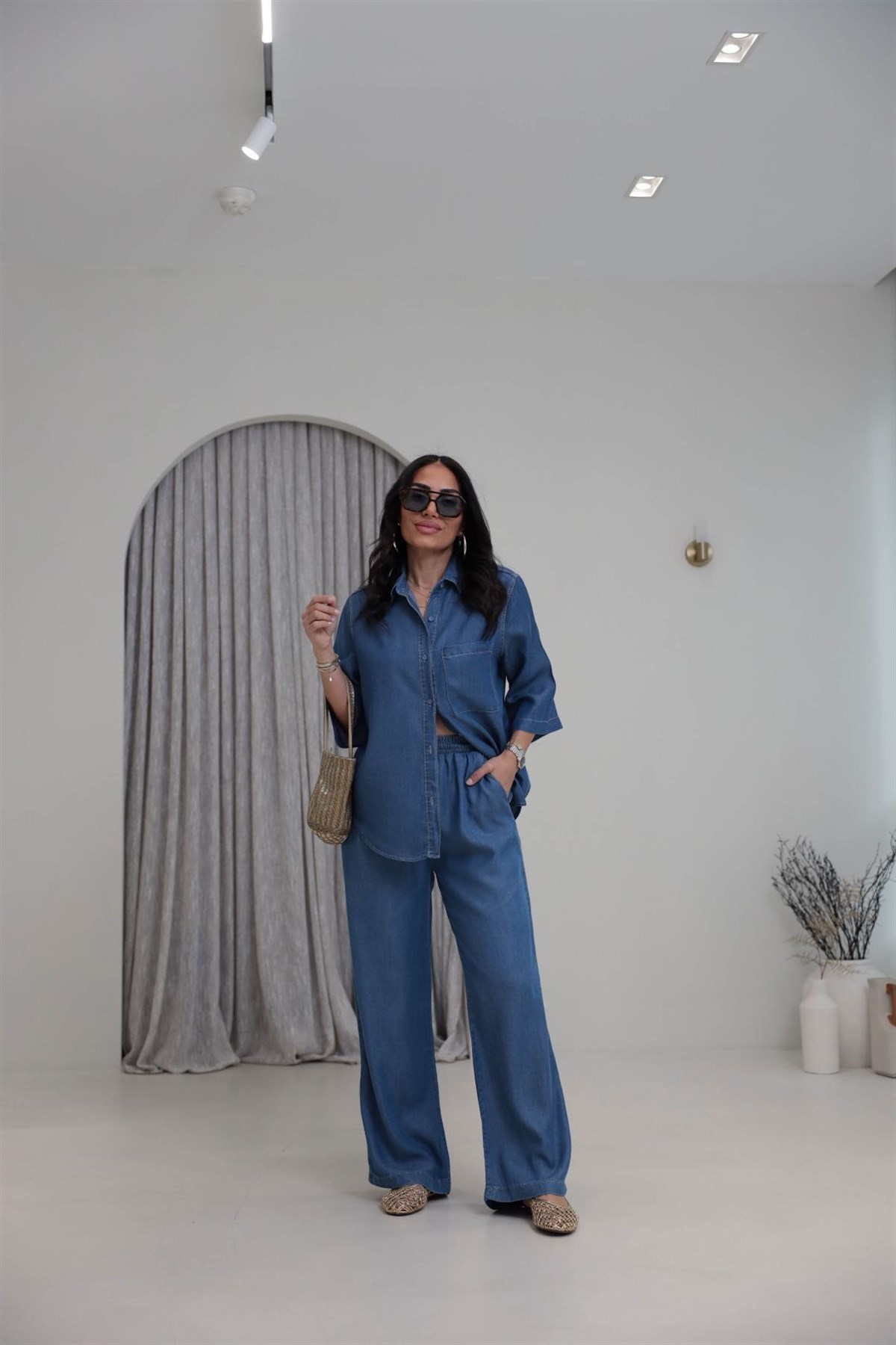 0926 Tencel Kumaş Gömlek ve Pantolon Takım KOYU MAVİ