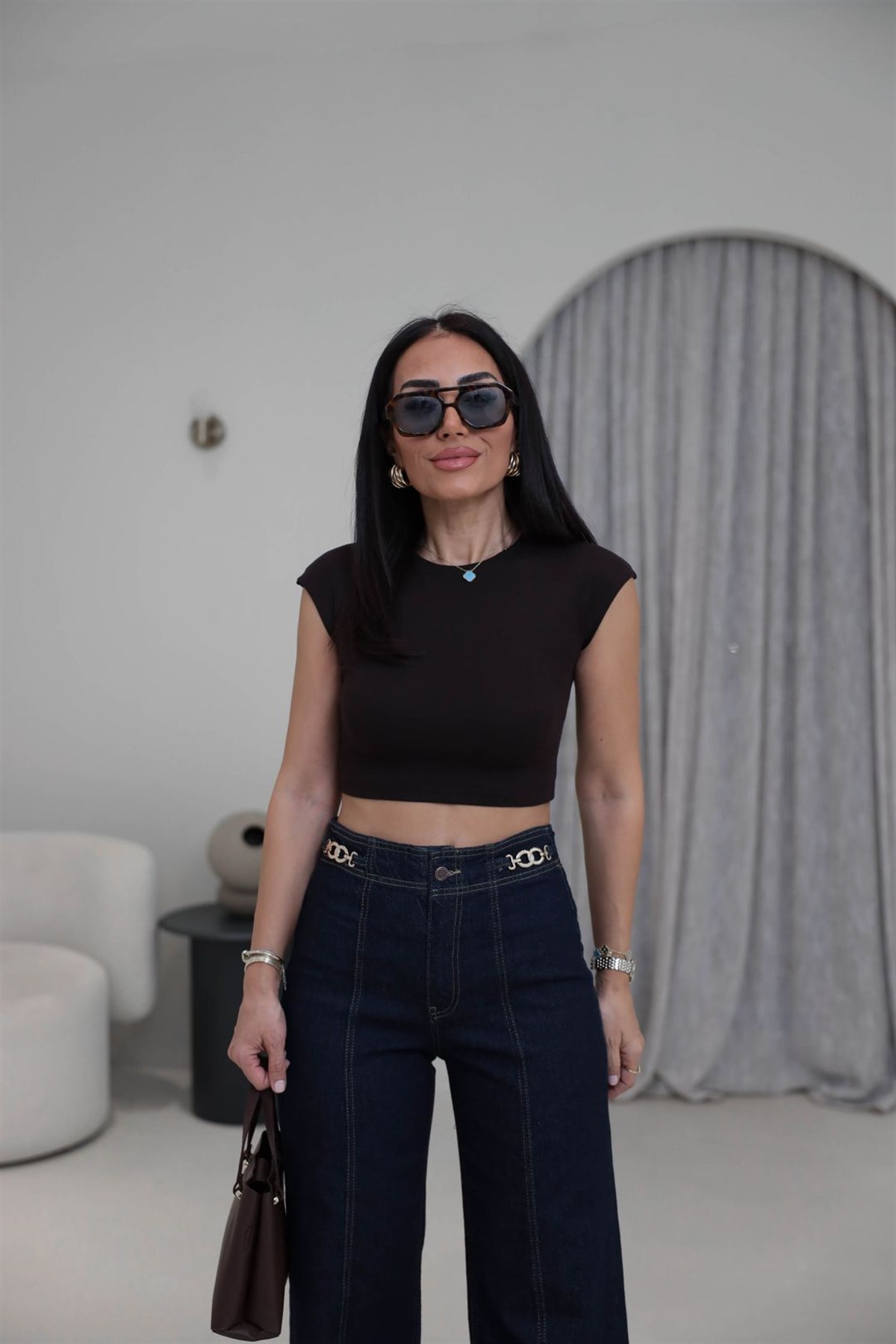 0528 Pamuk ve Modal Karışımlı Crop Top KAHVE