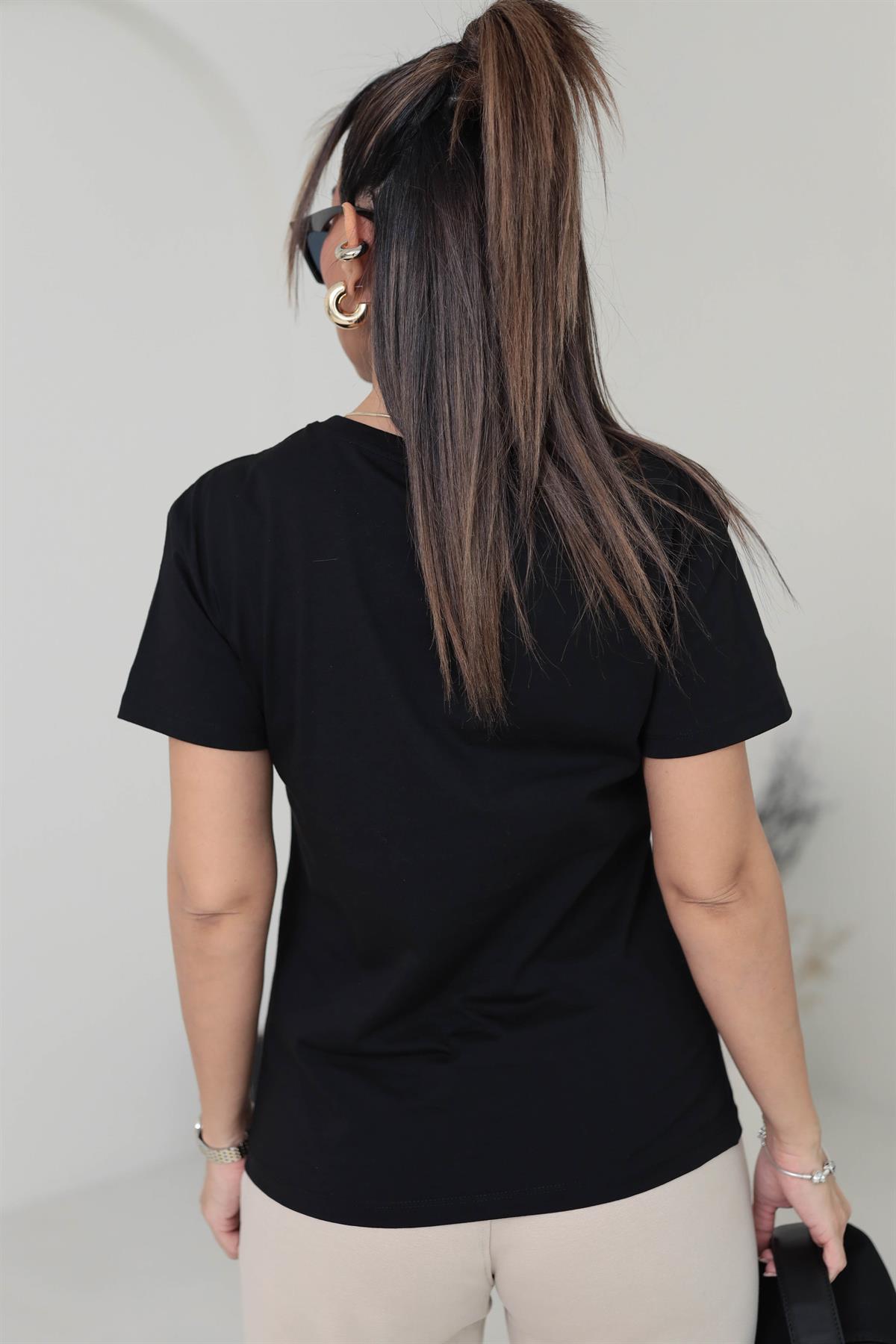 7068 Kaplan Baskılı Taşlı Pamuklu Tshirt SİYAH