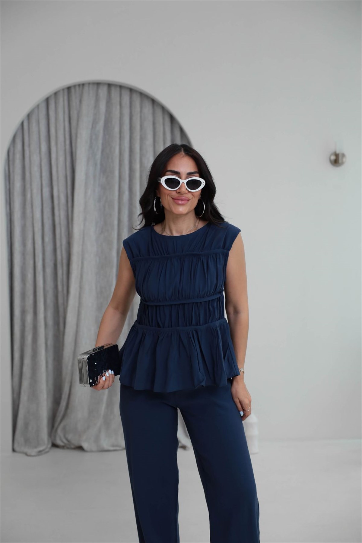 0483 Kat Kat Dikiş Detaylı Tencel Takım LACİVERT