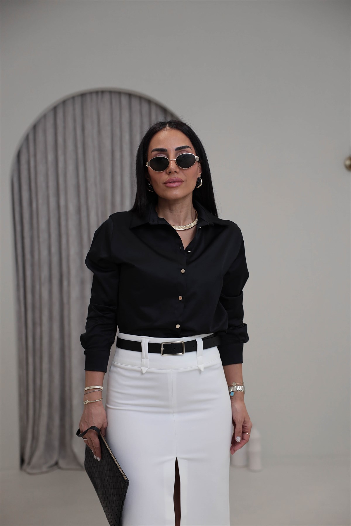 7543 Gold Düğme Detaylı Gömlek SİYAH