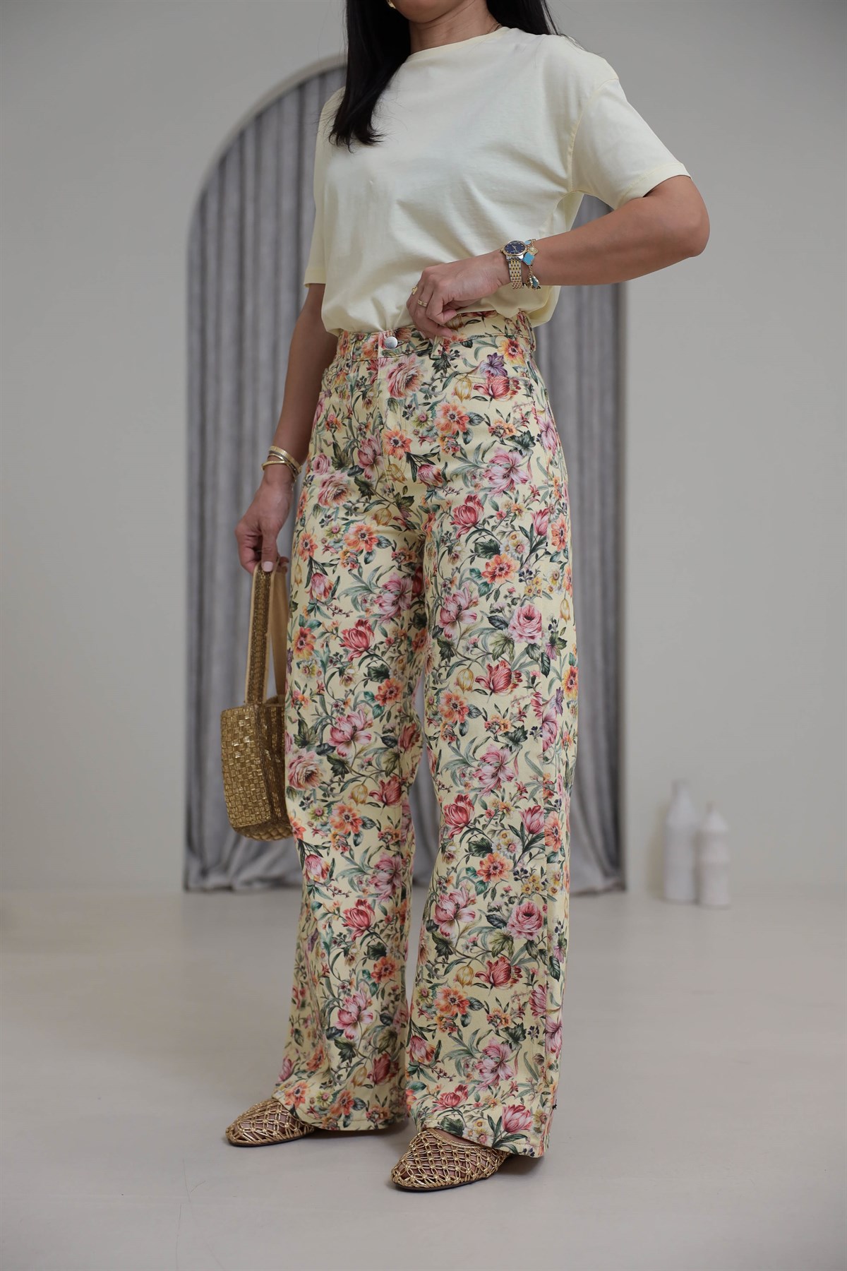 1033 Çiçek Desenli Yüksek Bel Kot Pantolon SARI