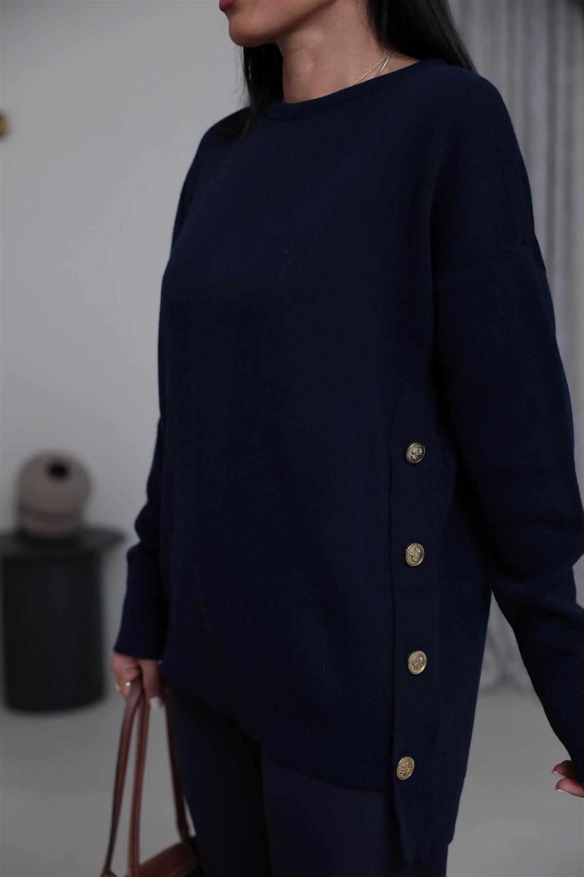 0184K Yanları Gold Düğmeli Uzun Triko Kazak LACİVERT
