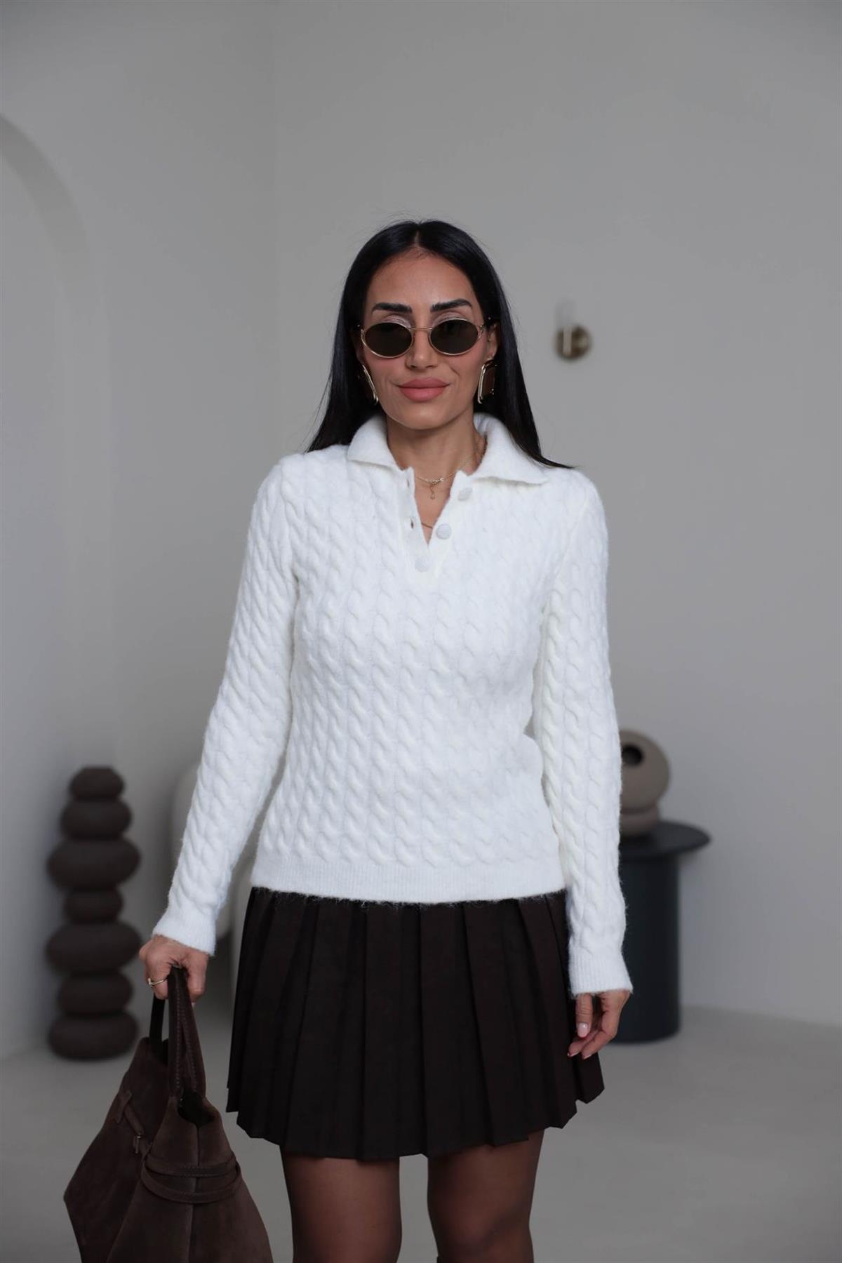 4984 Polo Yaka Örgülü Yarım Düğmeli Kazak EKRU