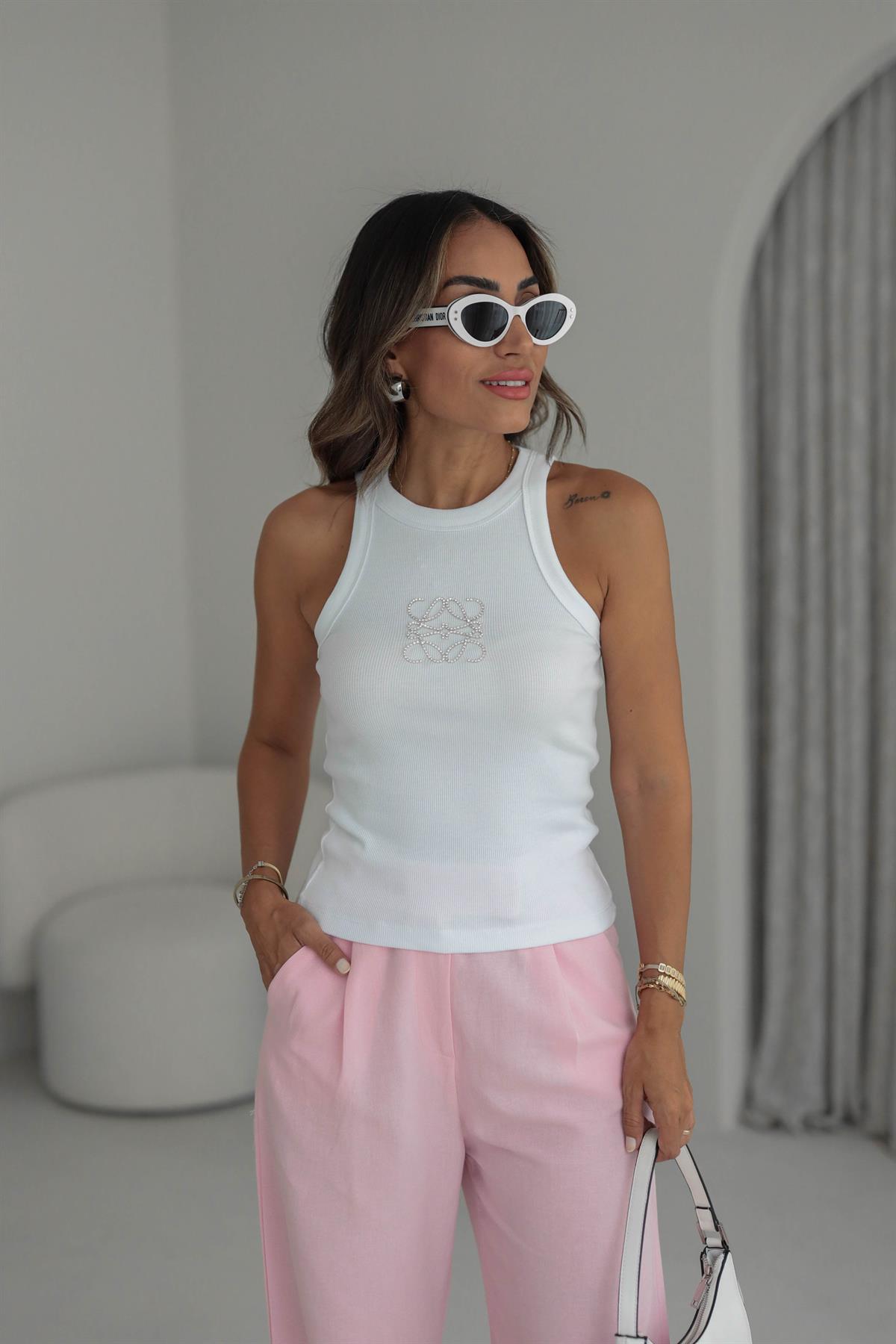 Taş İşlemeli Fitilli Halter Yaka Atlet