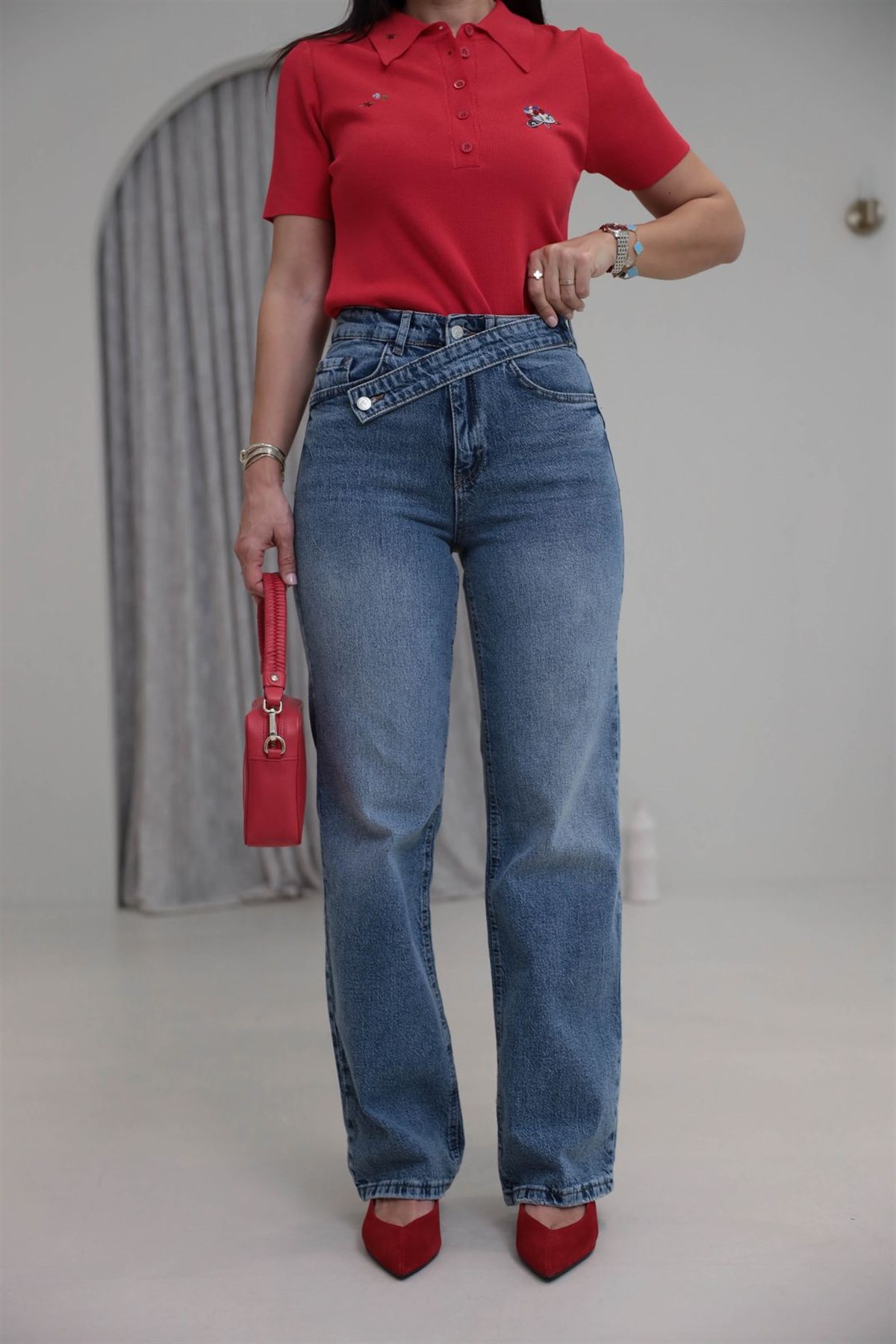 1035 Asimetrik Kemerli Denim Pantolon MAVİ