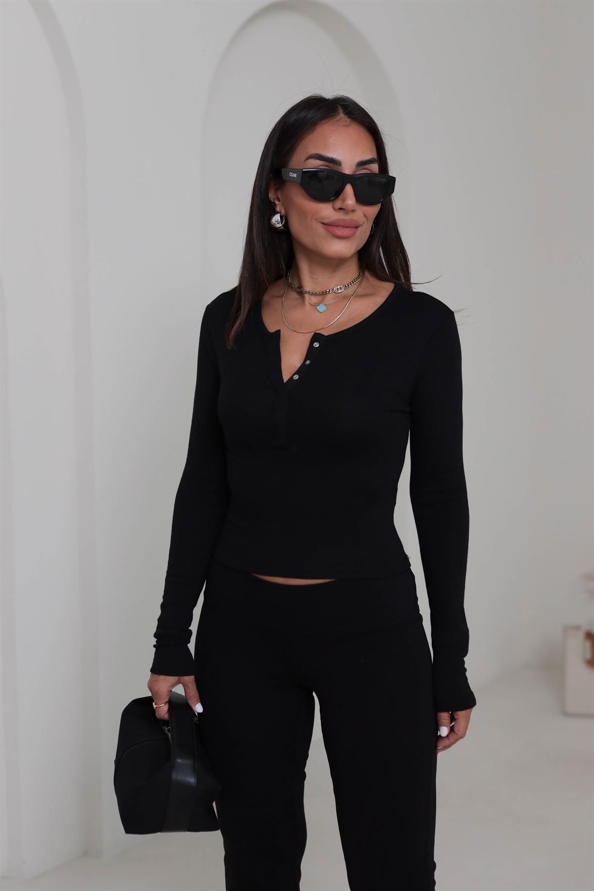 1442 Uzun Kollu Çıtçıt Düğmeli Bluz SİYAH