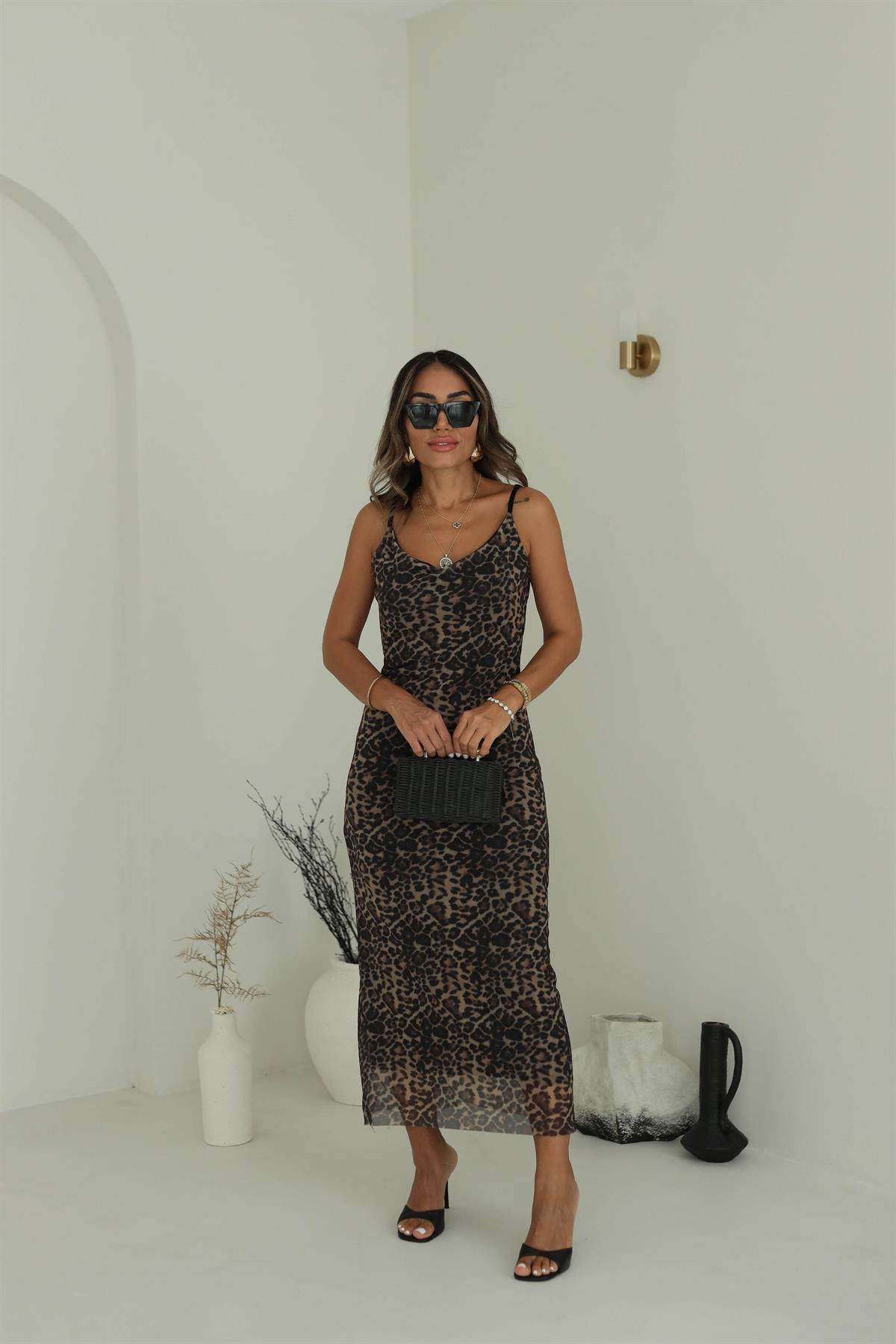 Askıları Ayarlanabilir Leopar Desen Tül Elbise