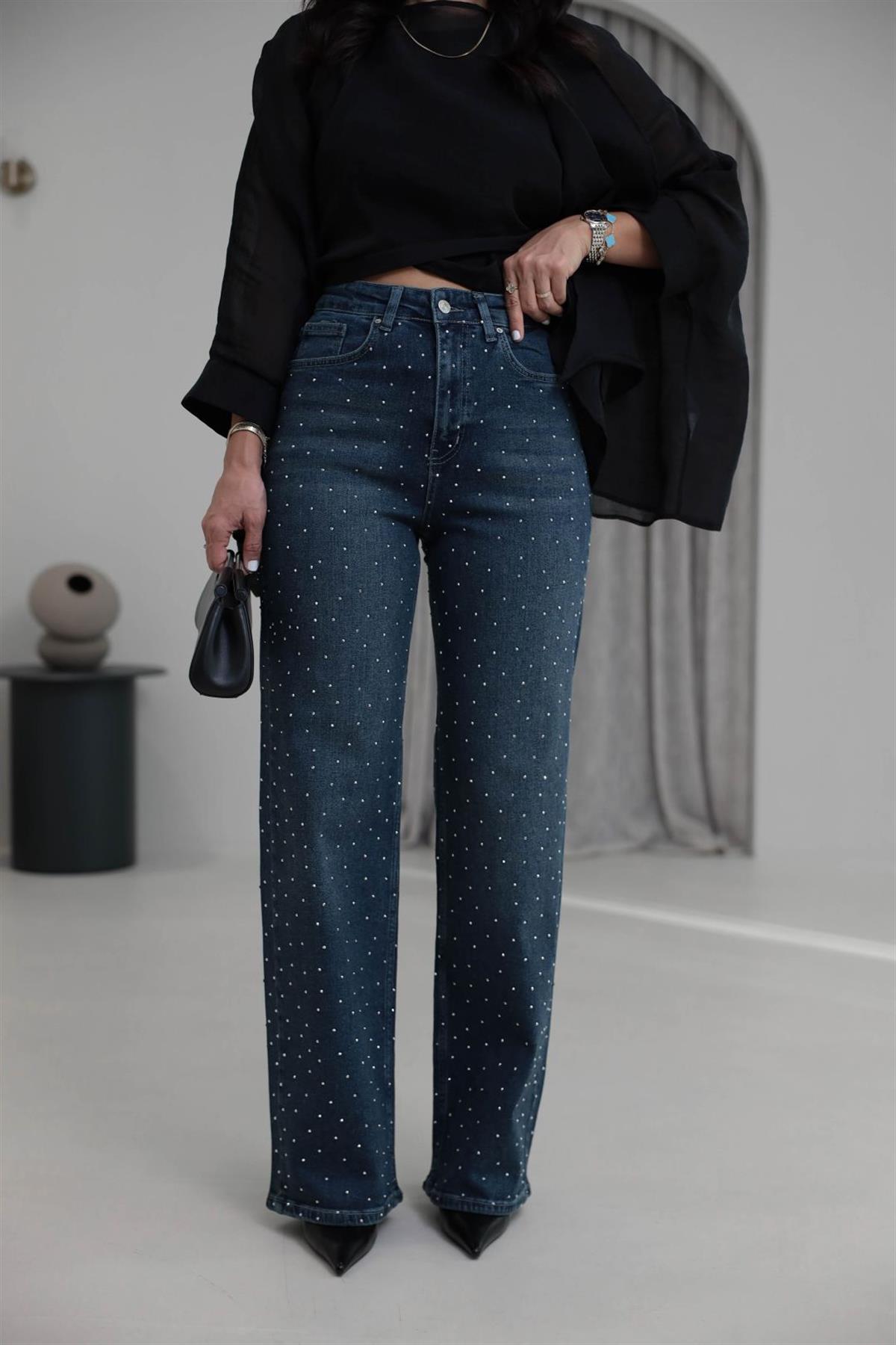 1071T Serpme Taşlı Likralı Palazzo Jean KOYU TİNTLİ