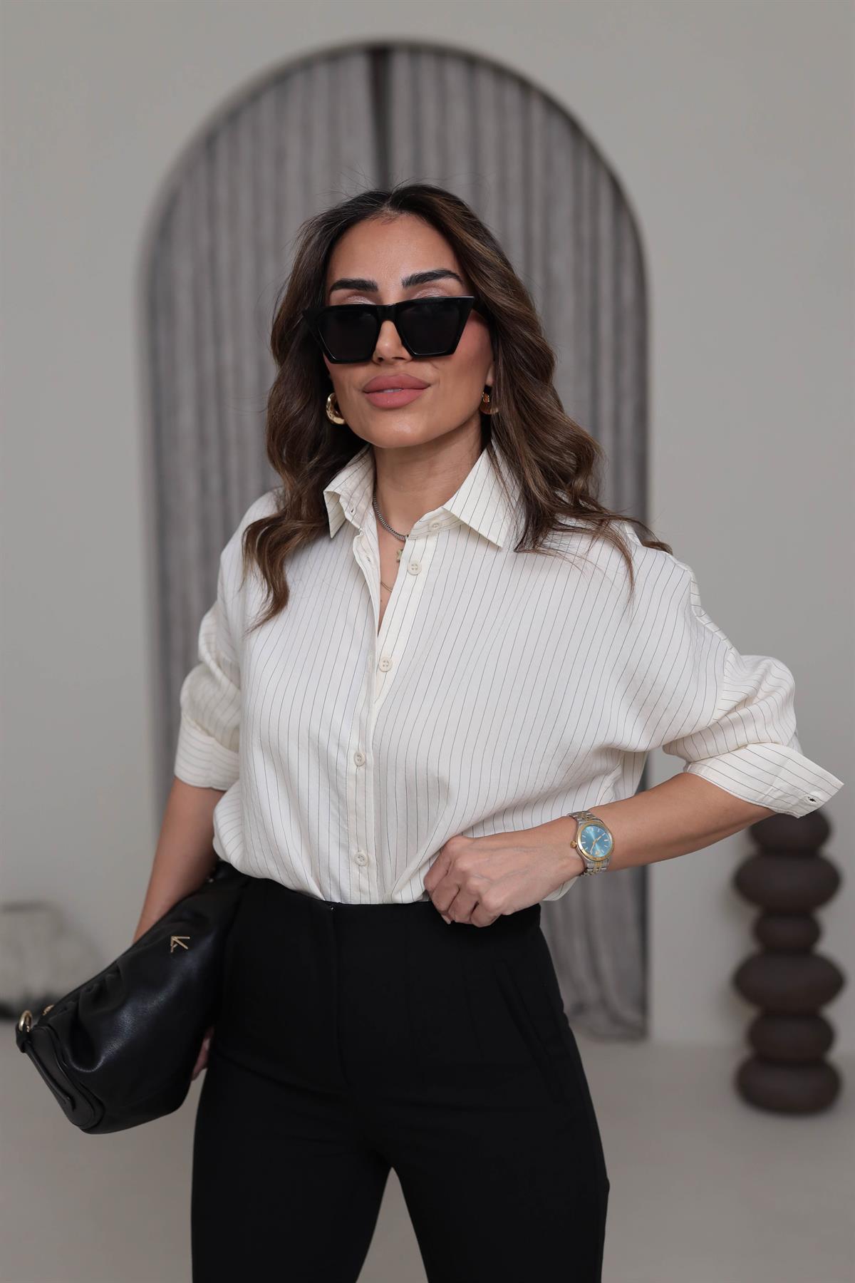 020 Çizgili Tencel Gömlek KREM