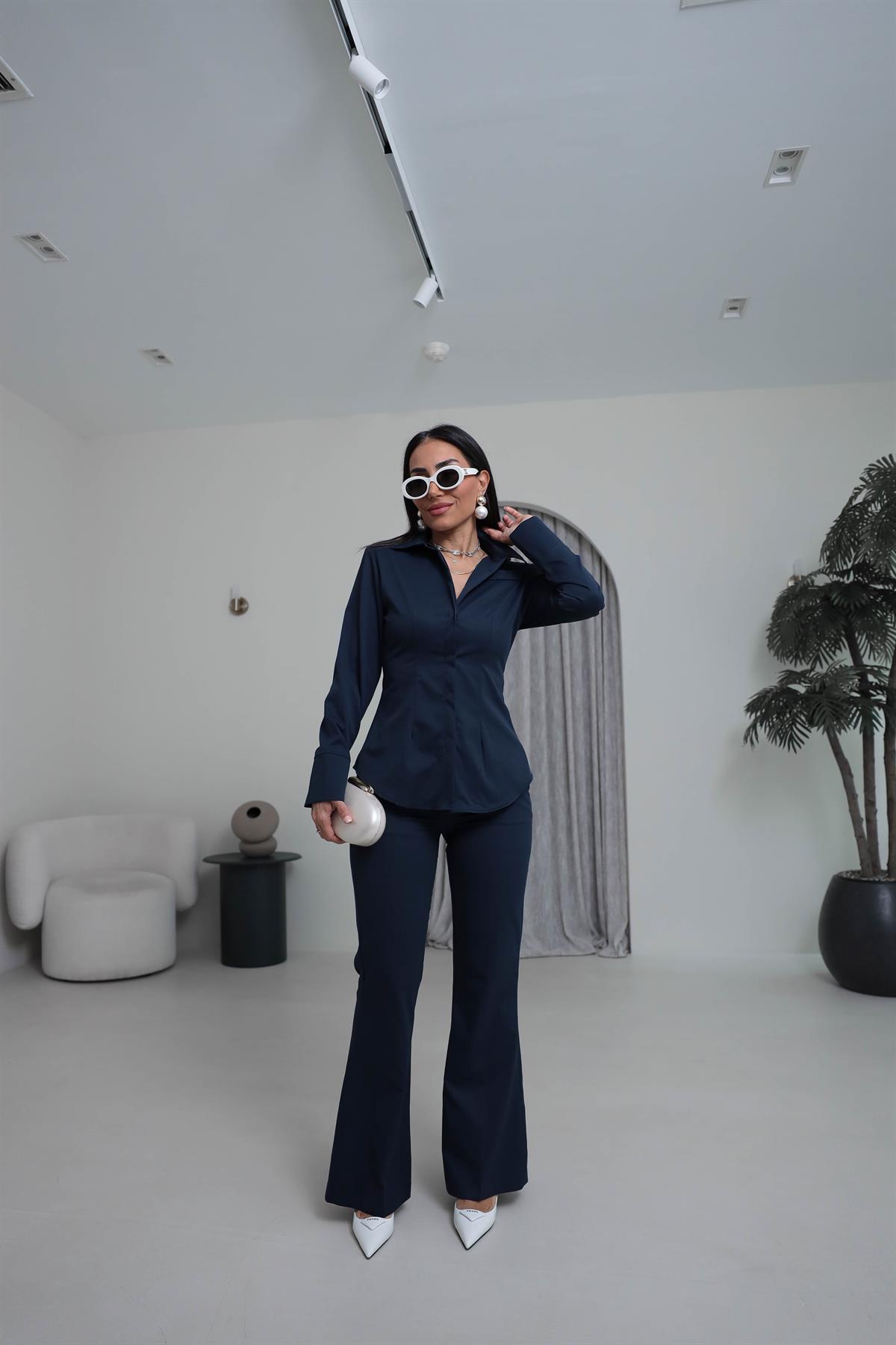 0830 Vatkalı ve Cep Detaylı Gömlek Pantolon Takım LACİVERT