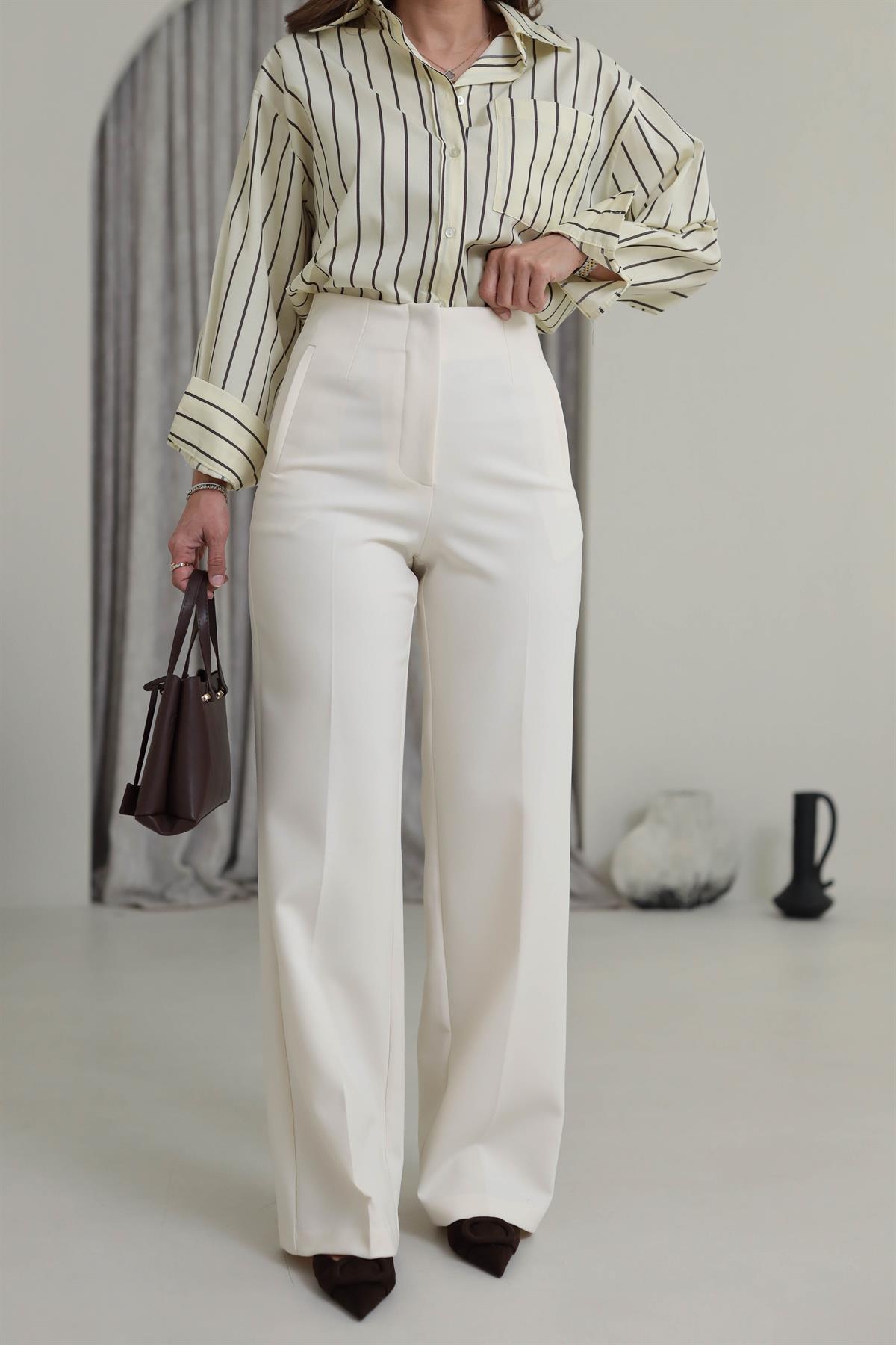 2001 Pensli Yüksek Bel Palazzo Pantolon KREM