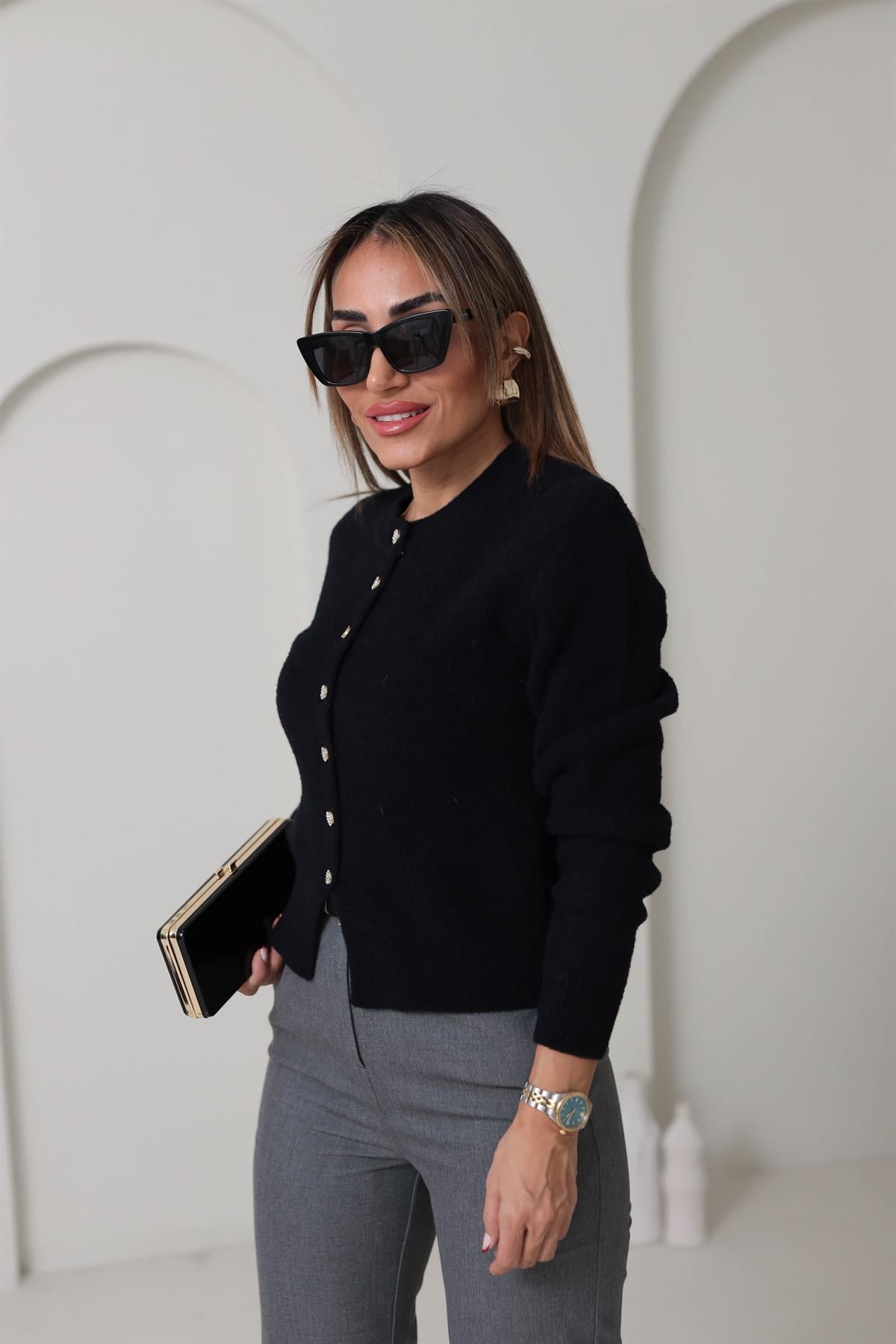 2436 Bisiklet Yaka Taş Düğmeli Yumoş Hırka SİYAH