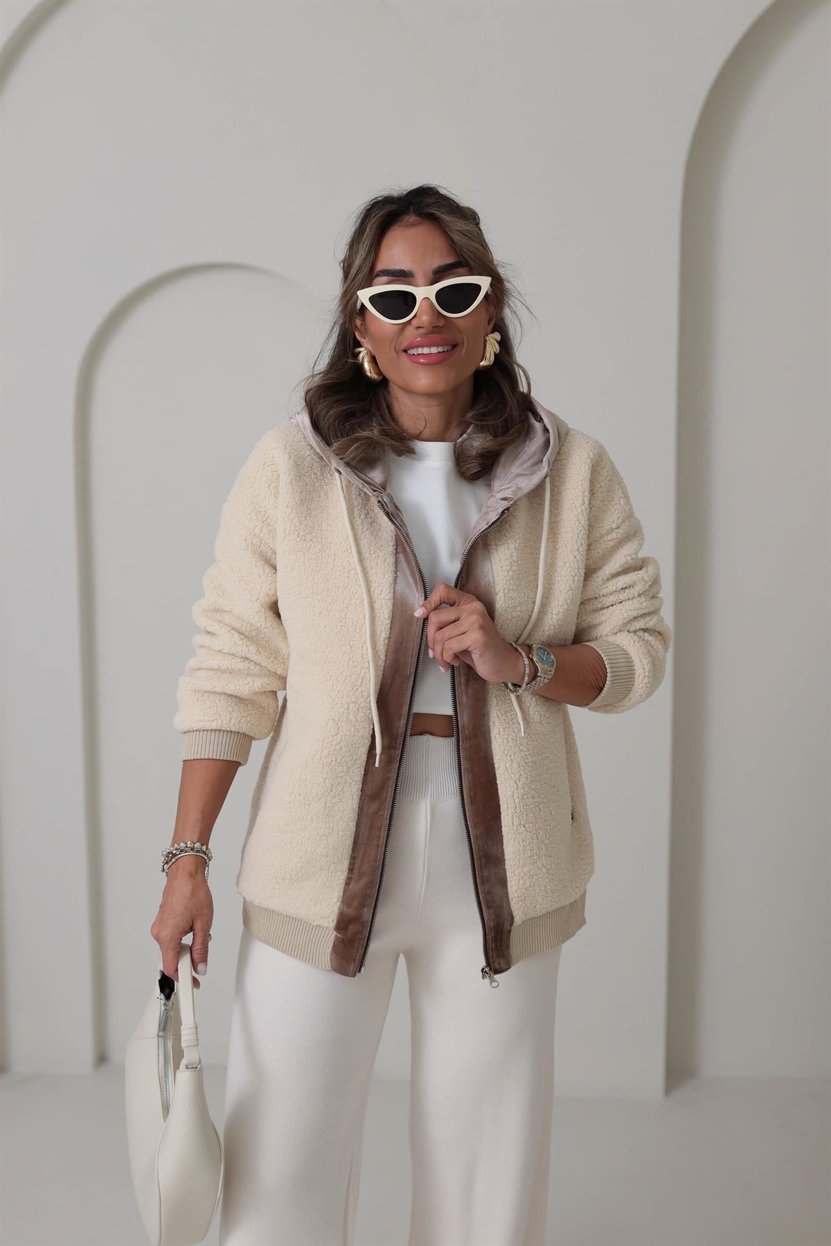 3525 Kadife Mixli Kapşonlu Peluş Mont