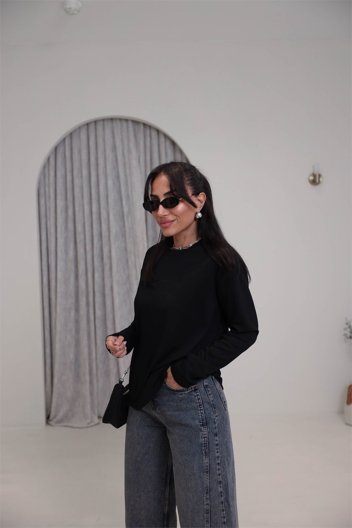 1448 Bisiklet Yaka uzun Kollu Oversize Tshirt SİYAH