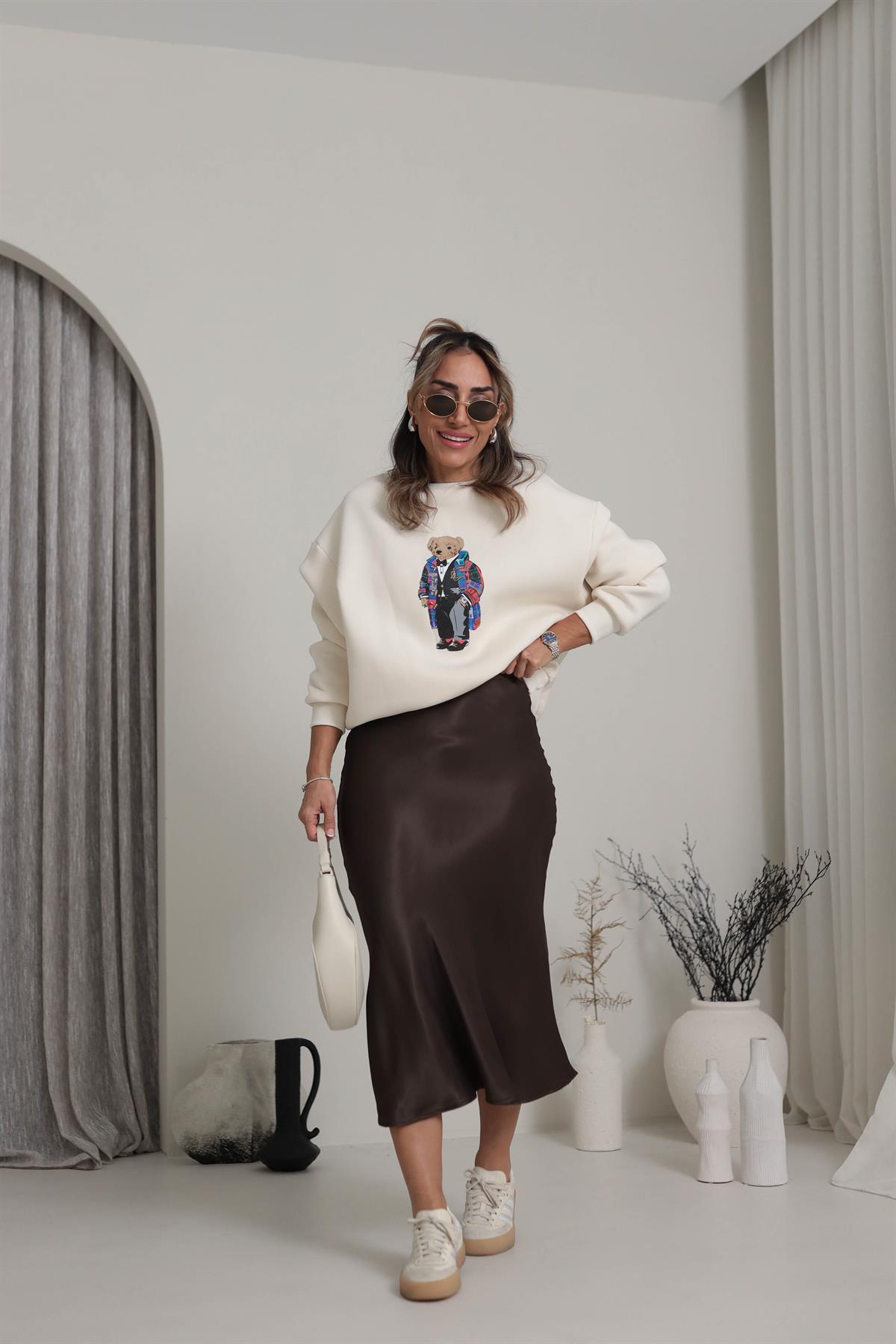 6502 İpek Saten Verev Etek ACI KAHVE