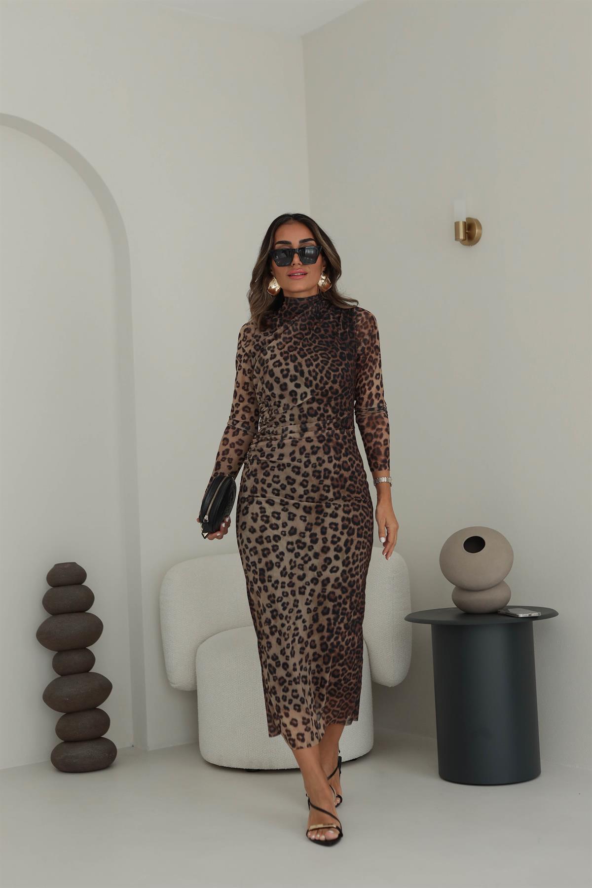 3328 Omuz Drapeli Leopar Elbise LEOPAR