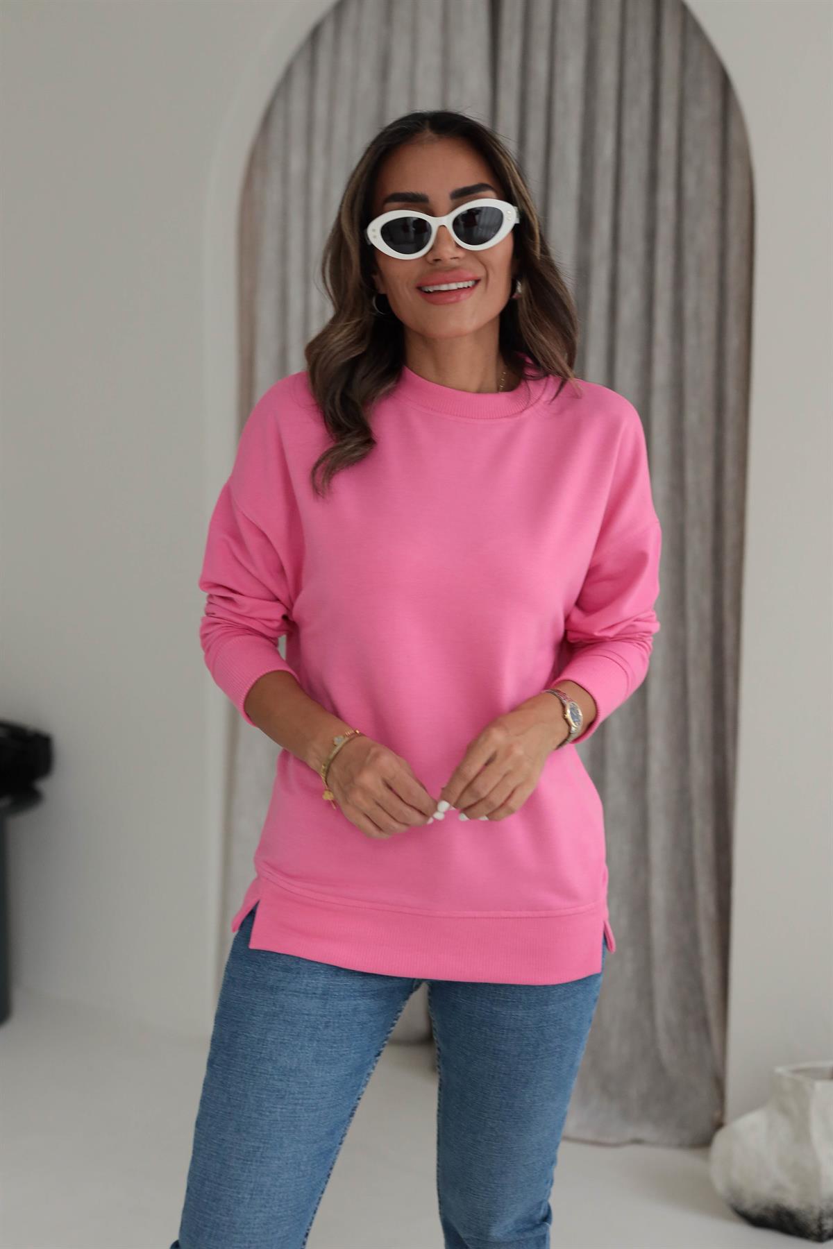 9002 Düz Basic Sweatshirt PEMBE