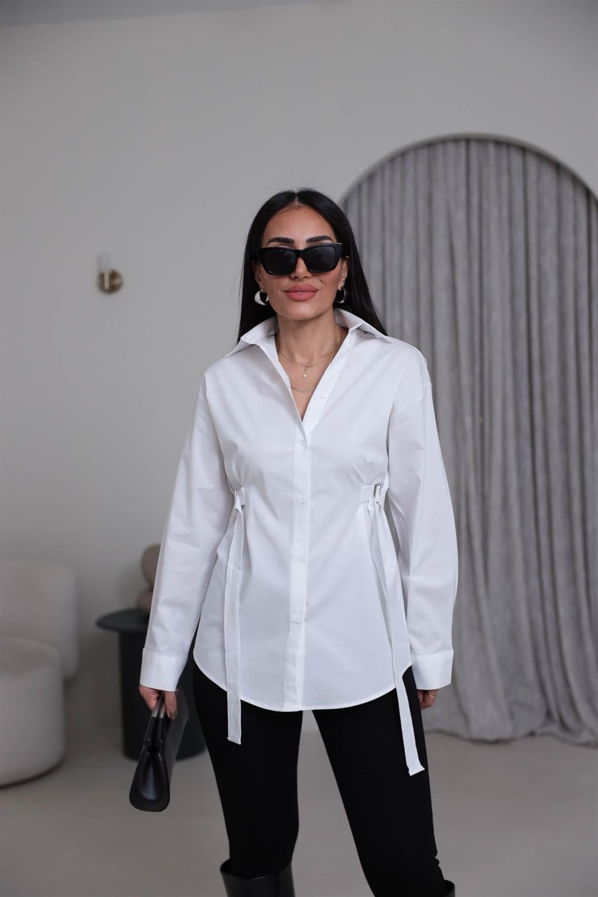 7176 Beli Kemer Detaylı Gömlek BEYAZ
