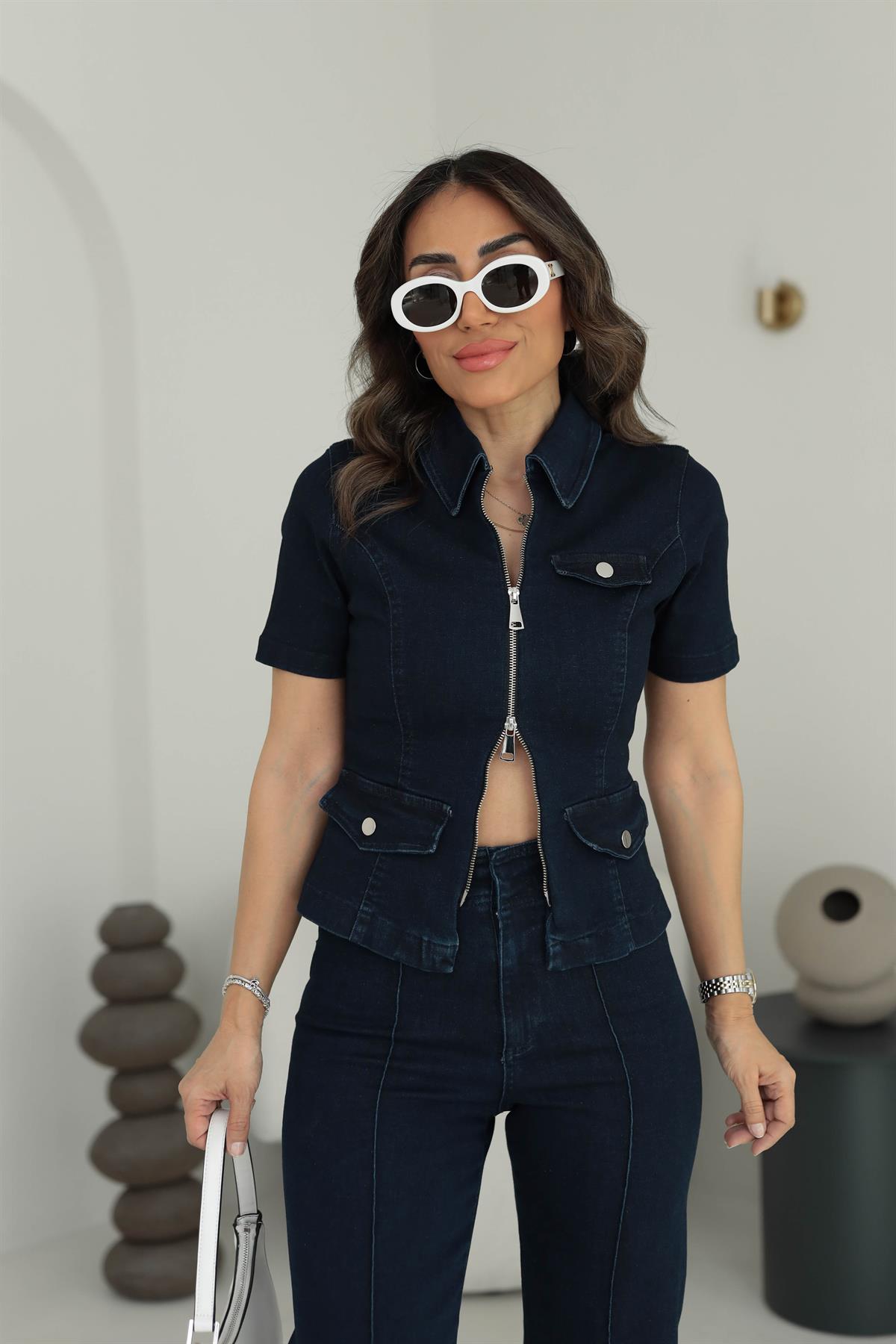 7052 Cep Kapaklı Fermuarlı Kısa Kol Denim Ceket LACİVERT