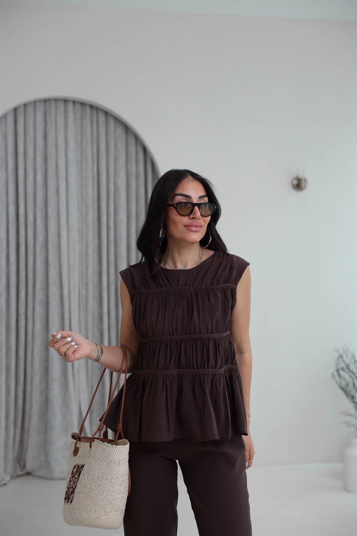 0483 Kat Kat Dikiş Detaylı Tencel Takım KAHVE