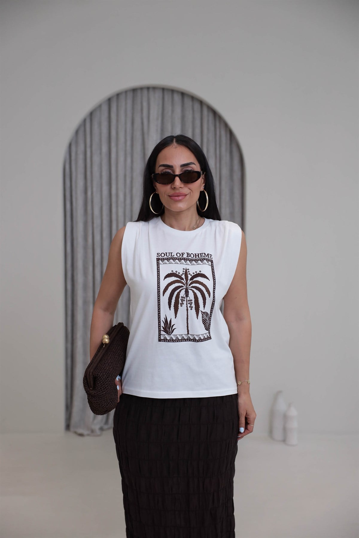 2193 Sıfır Kol Nakışlı Tshirt EKRU