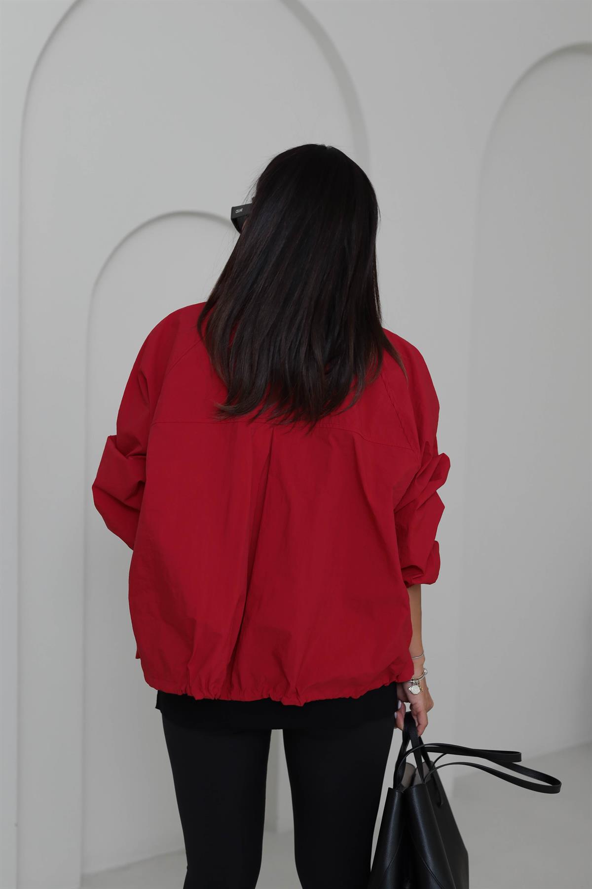 6721 Dik Yaka Düğmeli Fermuarlı Bomber Ceket KIRMIZI