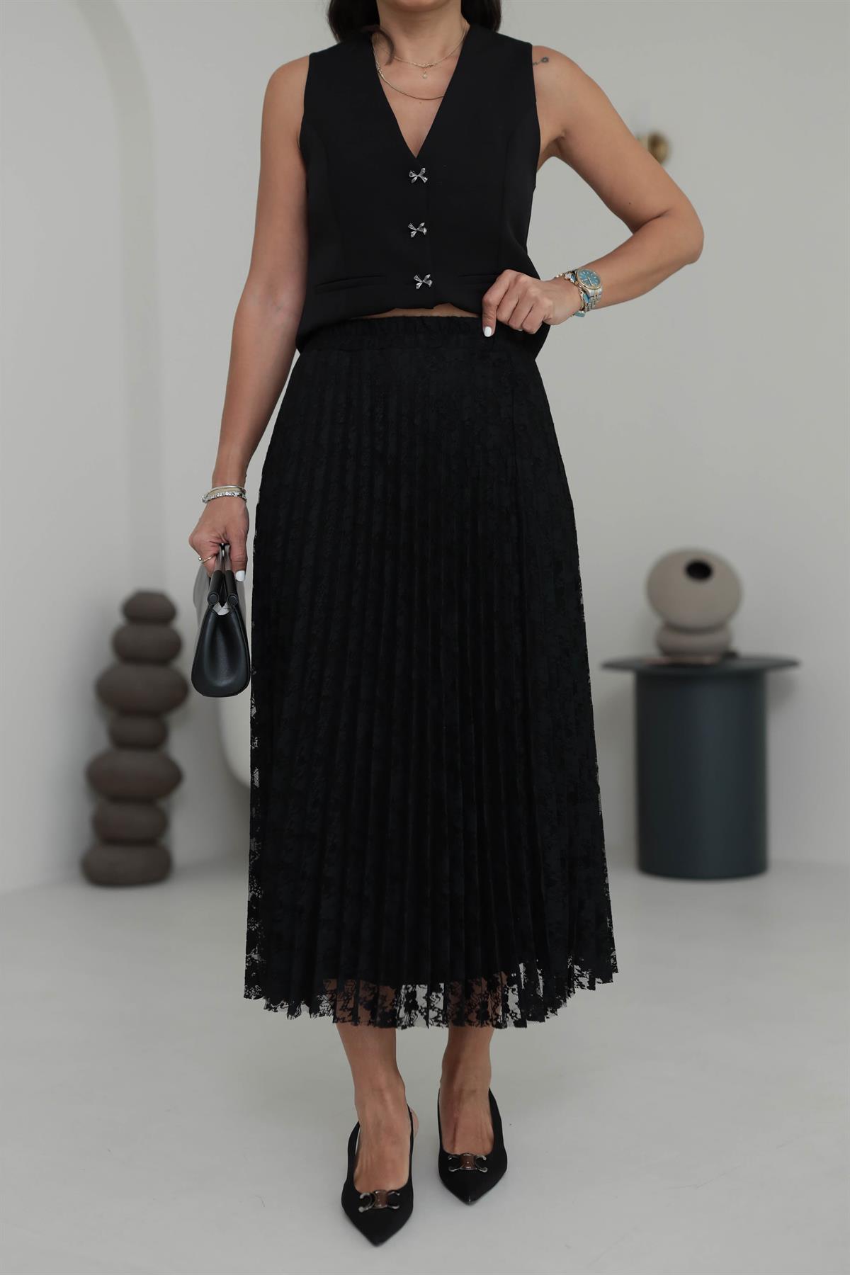 7206 Dantelli Pliseli Etek SİYAH