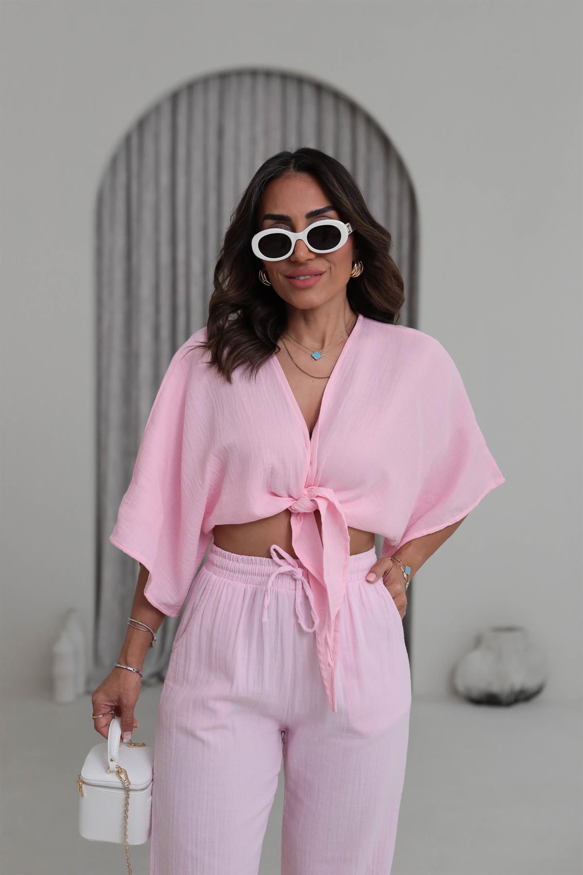 4729 Müslin Kumaş Bağlama Detay Bluz PEMBE