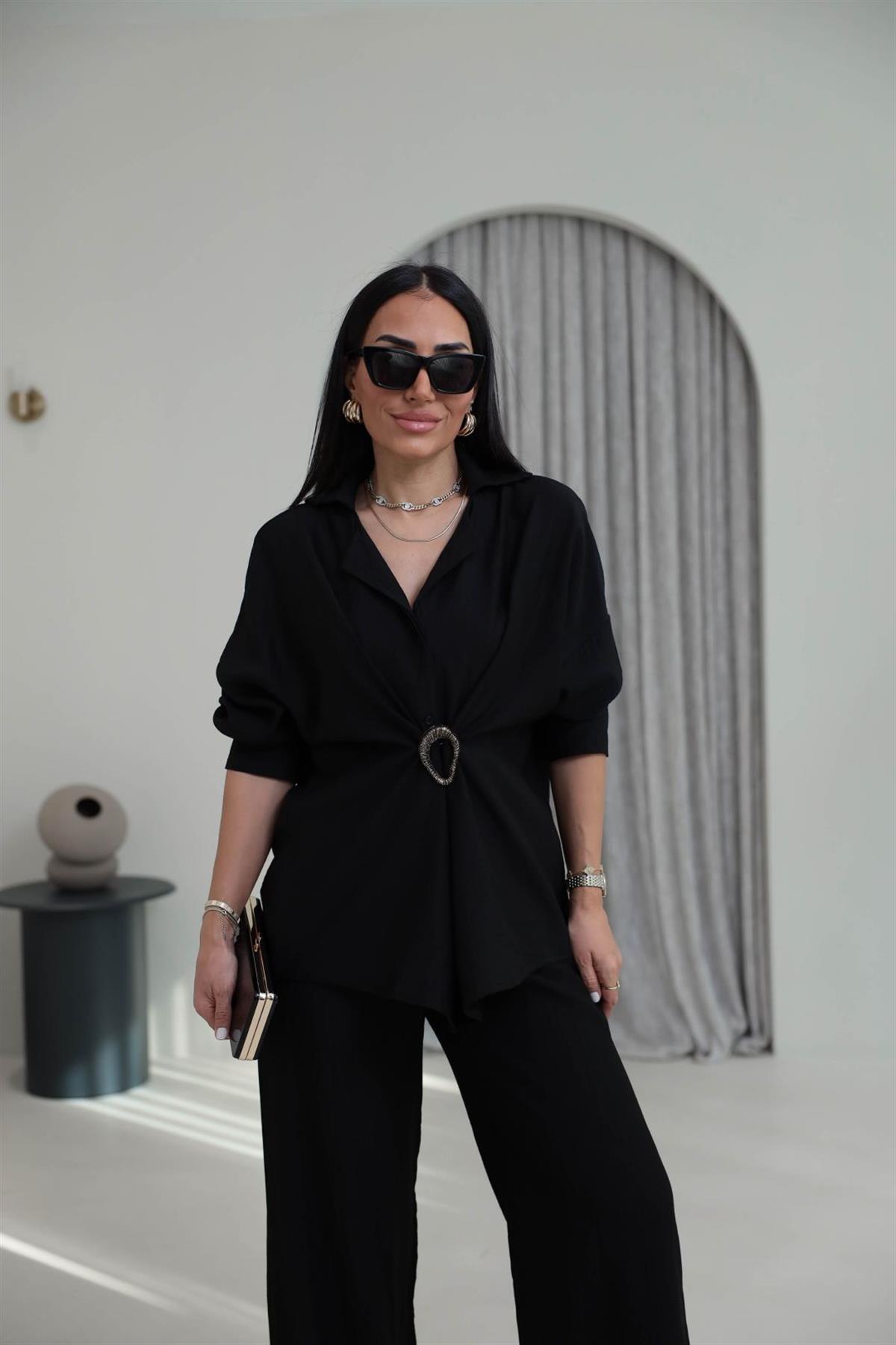 7091 Broş Detaylı Gömlek Pantolon Takım SİYAH