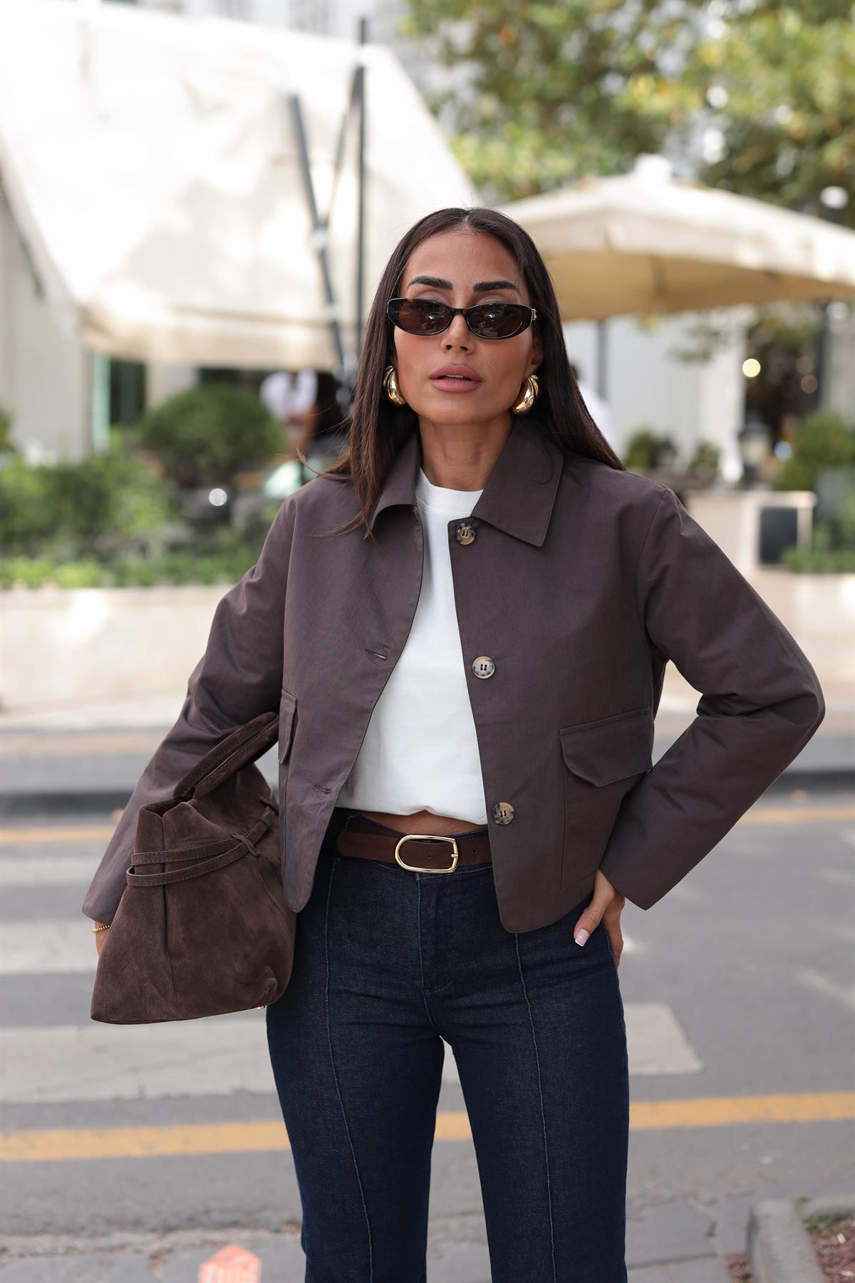 0163 Cep Kapaklı Kısa Trençkot Ceket KAHVE