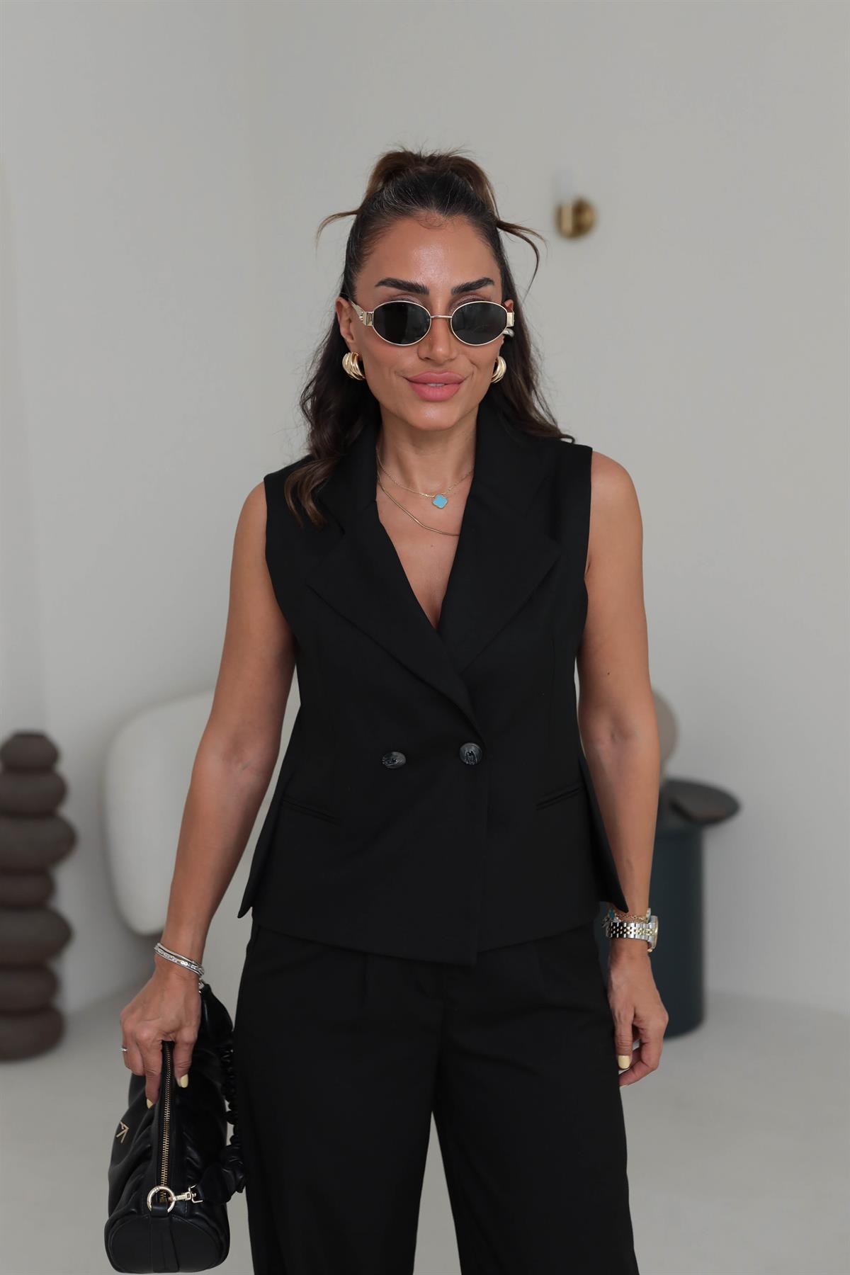 0429 Yelekli Palazzo Pantolonlu Takım SİYAH