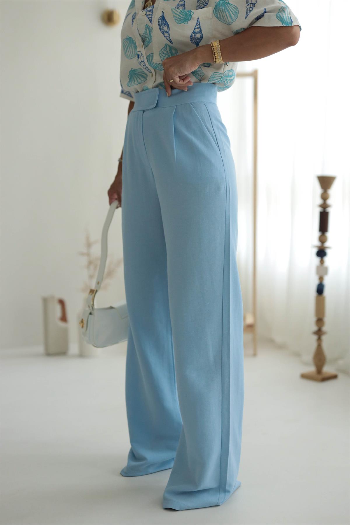 3877 Beli Cırtlı Keten Palazzo Pantolon MAVİ