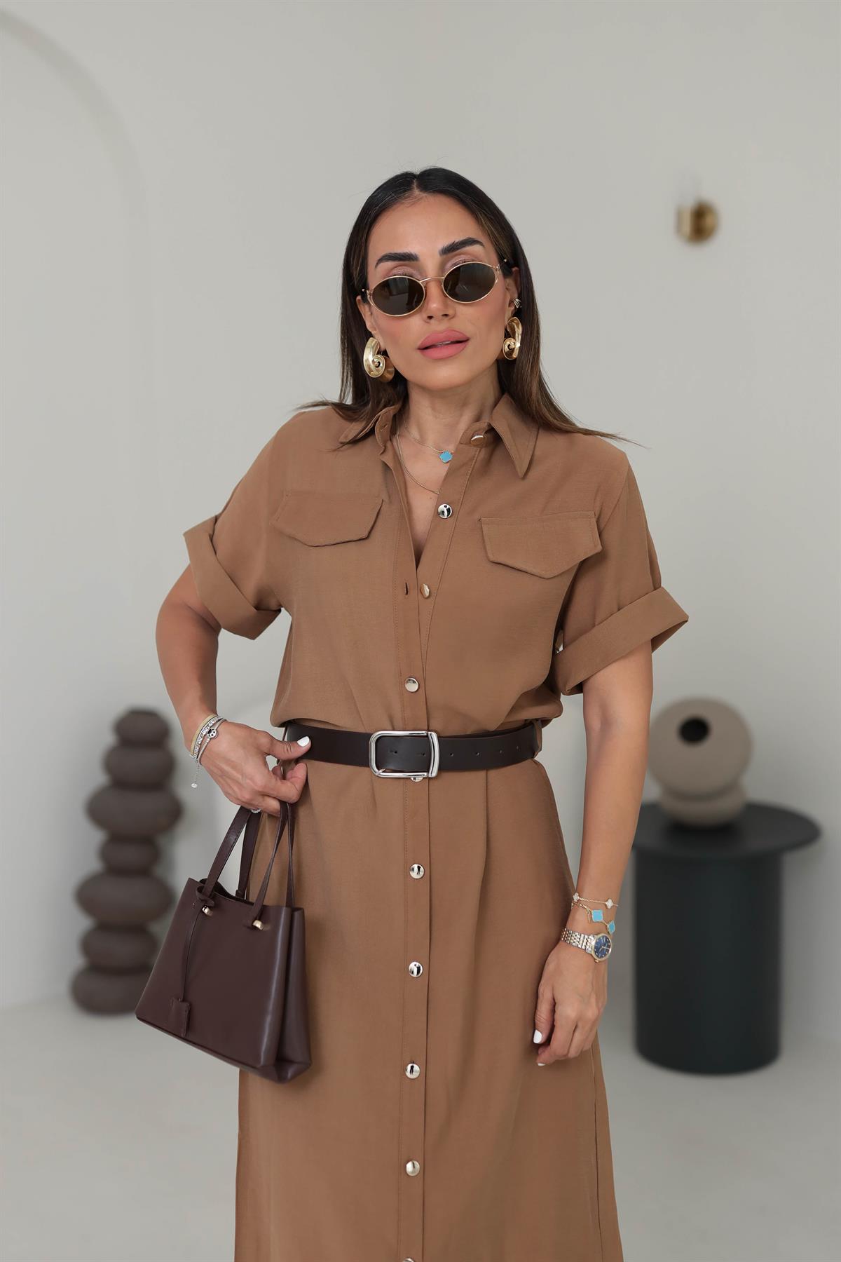 0334 Gold Düğmeli Kemerli Tencel Gömlek Elbise TABA