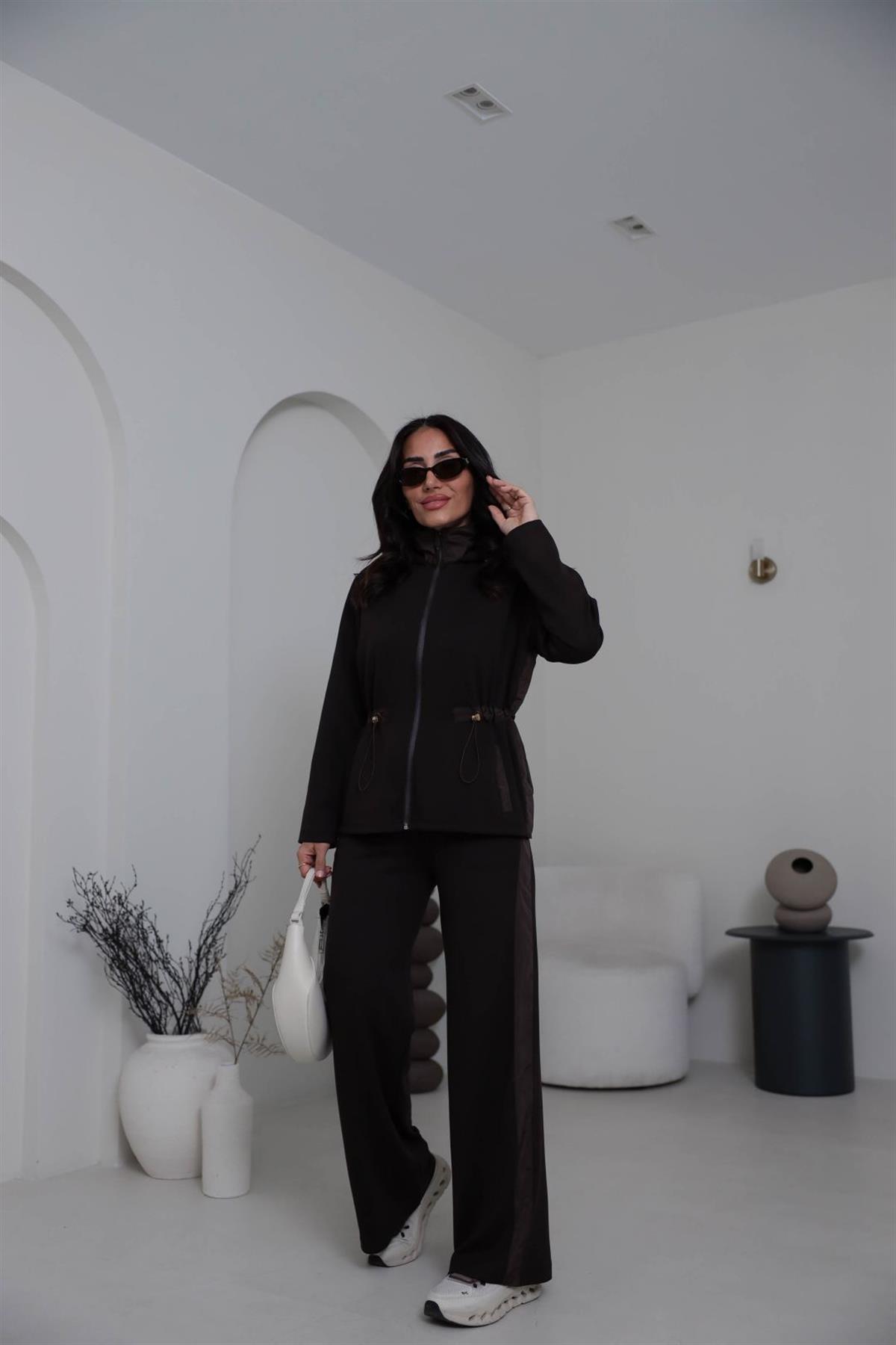 6933 Paraşüt Garnili Bel Lastikli Modal Takım KAHVE