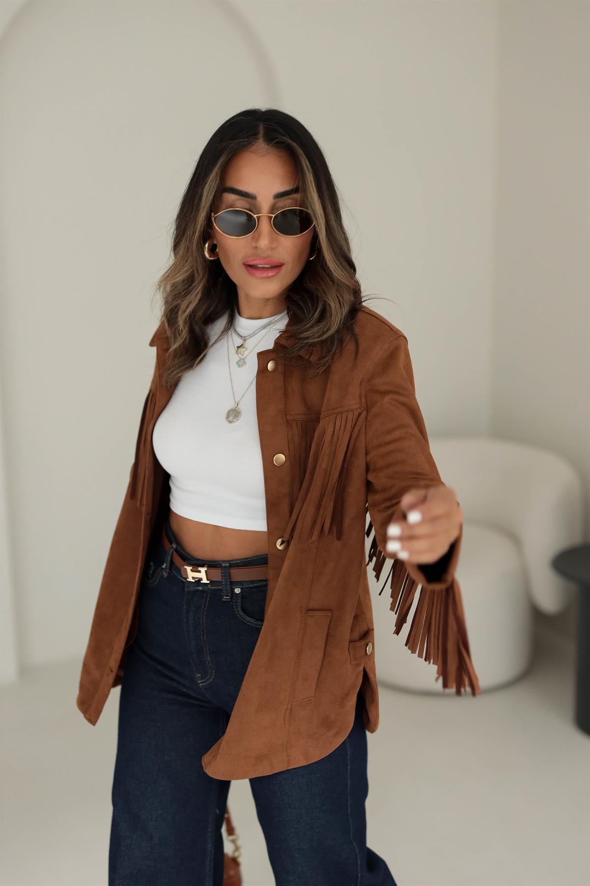 5156 Püsküllü Vatkalı Süet Ceket